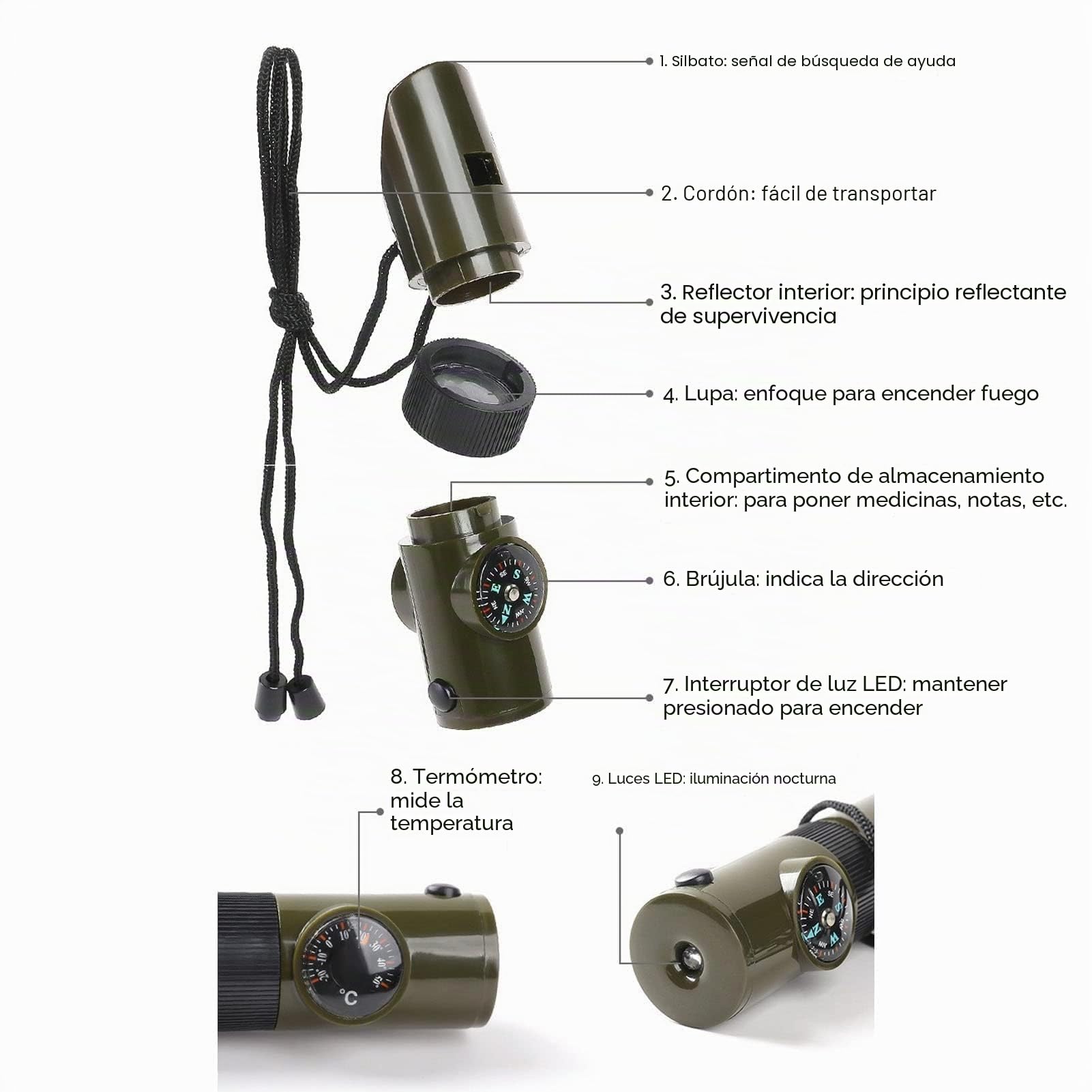 HERCHR Silbato Multifunción De 3 Piezas, LR41 25 mAh Termómetro LED Portátil 7 En 1, Brújula, Silbato De Supervivencia De Emergencia con Cordón para Navegación Al Aire Libre, Senderismo, Camping