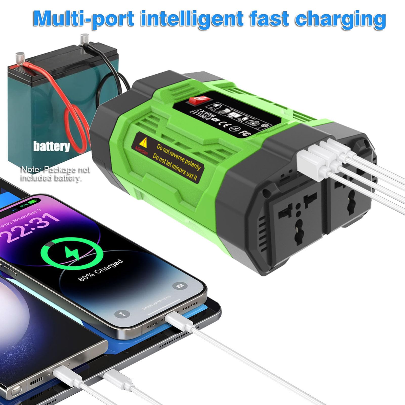 Domary 200W Car Inverter Compact Adapter with 2 USB 2 Type C Ports for