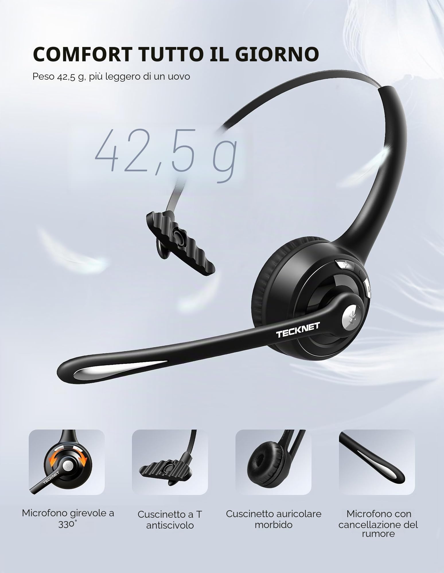 TECKNET Auricolare Bluetooth & Dongle USB, cuffie wireless ad orecchio con microfono a cancellazione di rumore, auricolare senza fili a mano libera per cellulare, PC, casa, ufficio, call center