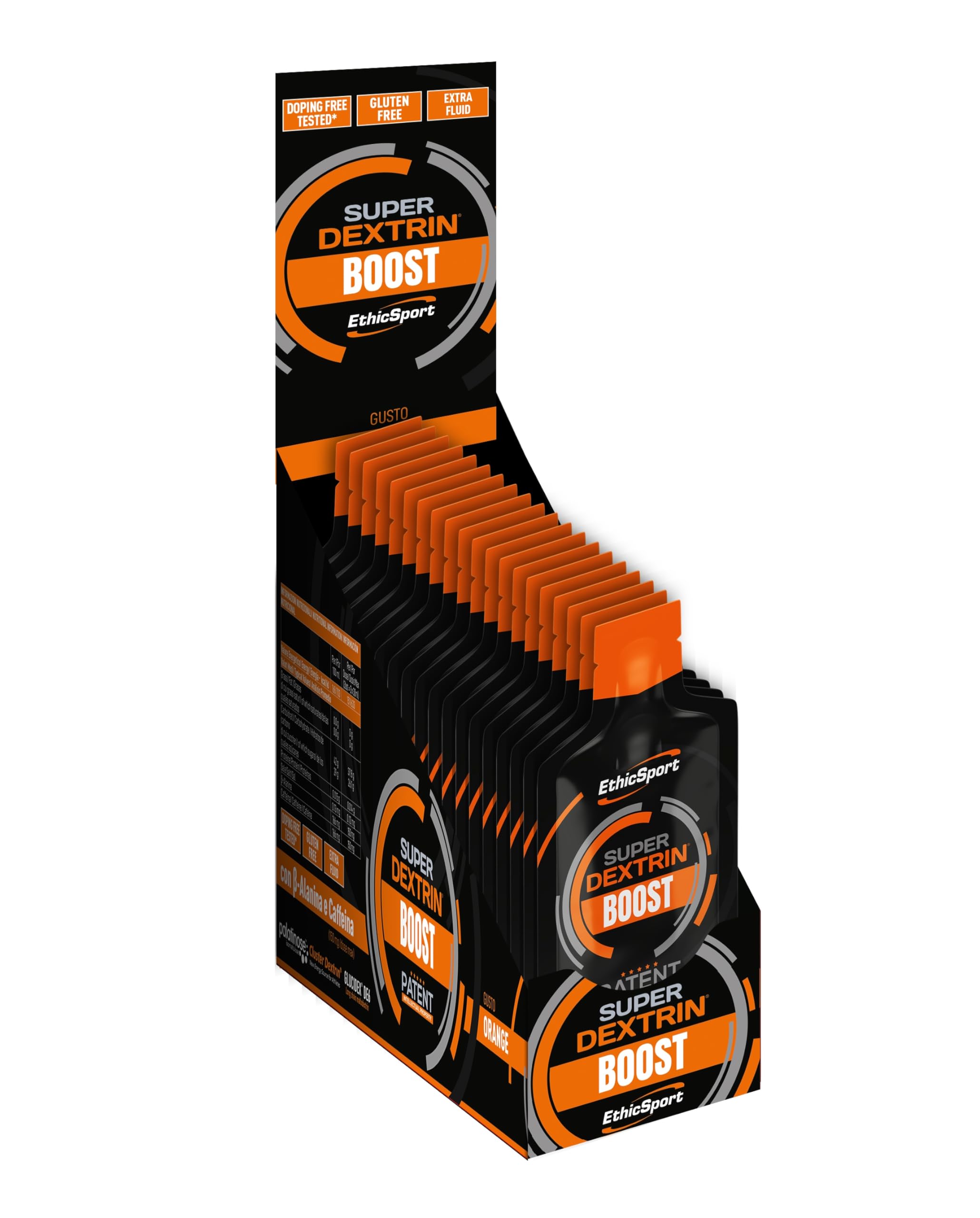 EthicSport - Super Dextrin Boost - Confezione da 20 x 30 ml - Gusto: Arancio - Integratore alimenare energetico con carboidrati di nuova generazione, Beta-Alanina, BCAA, Glutammina.