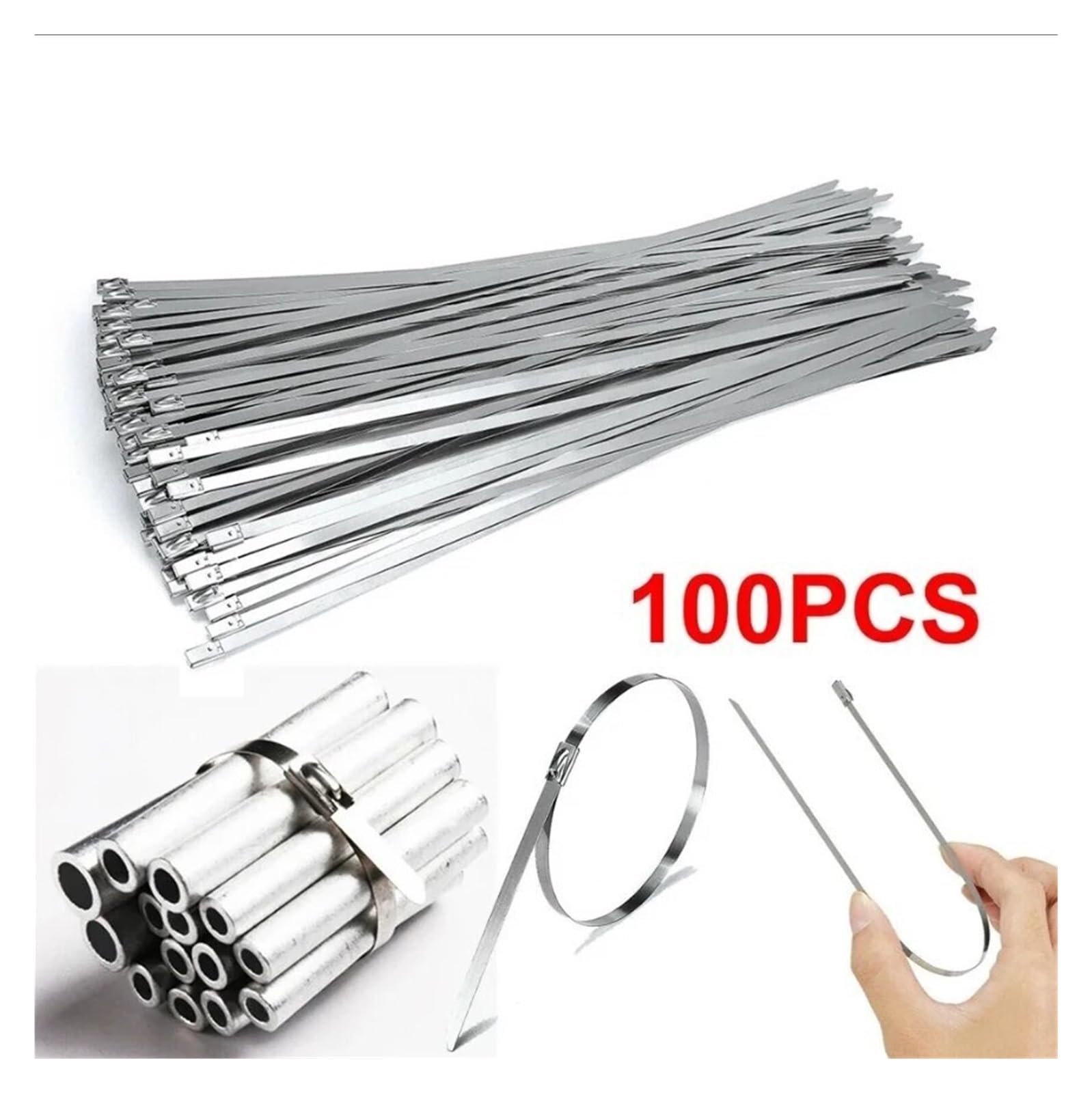 100 Stück Edelstahl-Kabelbinder 4,6 mm, strapazierfähig, selbstsichernd, Mehrzweck-Metall-Auspuff-Wrap-Verriegelungsbinder - Einfache Montage(4.6x1000mm)