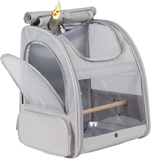 Bird Backpack, Bird Travel Carrier with Stand Perch, Airline Approved Grey Bird Backpack Carrier
