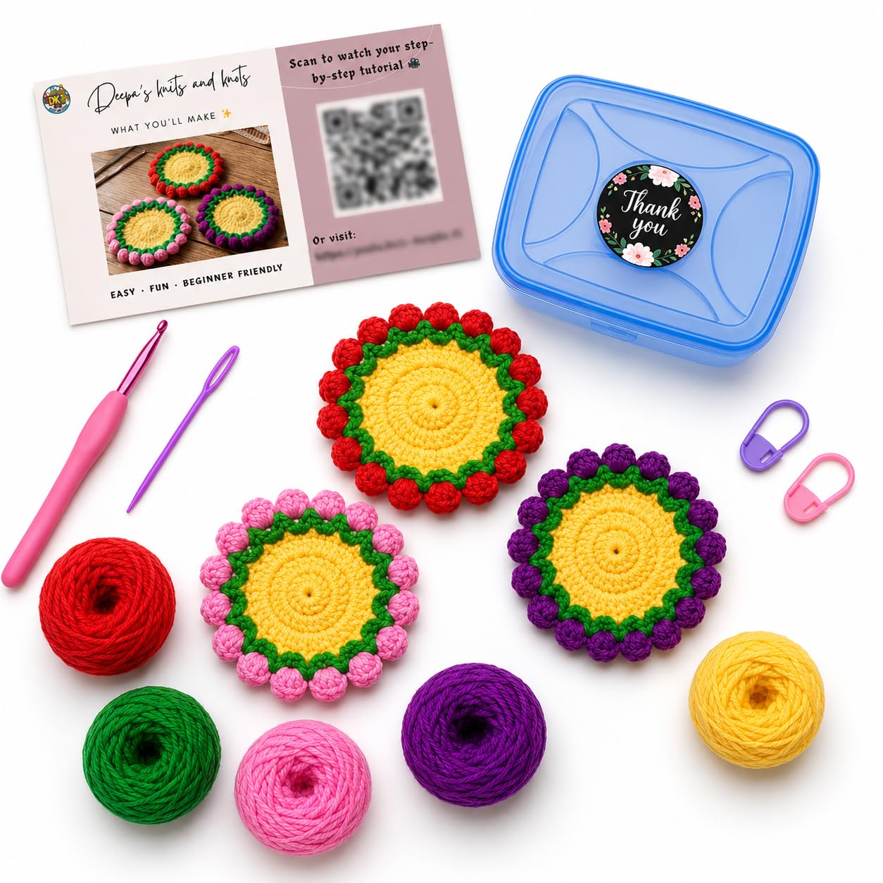 Coaster Crochet Kit for Beginners | Complete Crochet Kit with Yarn, Hook, Accessories & Storage Box | DIY Handmade Flower Coasters Set | Gift for Teens & Adults-image-6