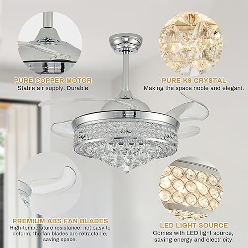 Miniatura 6 de Finktonglan Candelabros de cristal regulables de 42 pulgadas con control remoto, ventilador de techo LED con luces para dormitorio, comedor, hoja