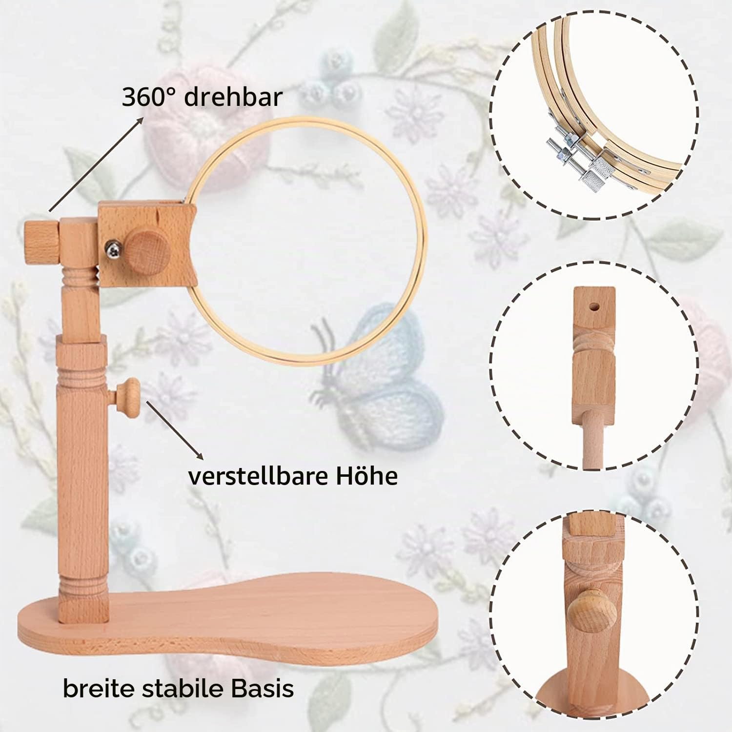 Stickrahmen Halterung aus Holz mit Runder Stickrahmen, Stickständer aus Holz für Tisch und Couch mit Kreuzstich Ring für Handarbeiten Kunsthandwerk Nähprojekte von Poweka