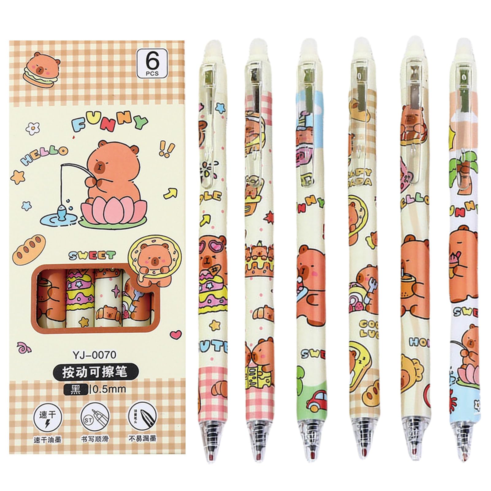 6 Pcs Cute Erasable Retractable Pens Capybara Erasable Pen 0 5mm Fine Point Black Ink Writing Pen Office