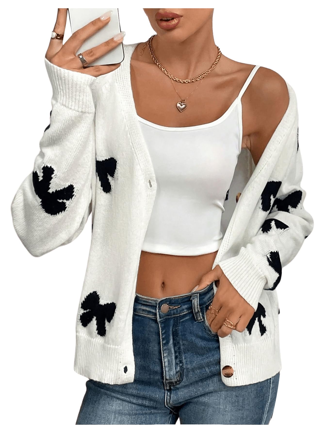 GORGLITTER Womens Bow Cardigan Sweater Cute Fall Trendy Vintage Holiday Button Up Long Sleeve Open Front Knit Cardigan