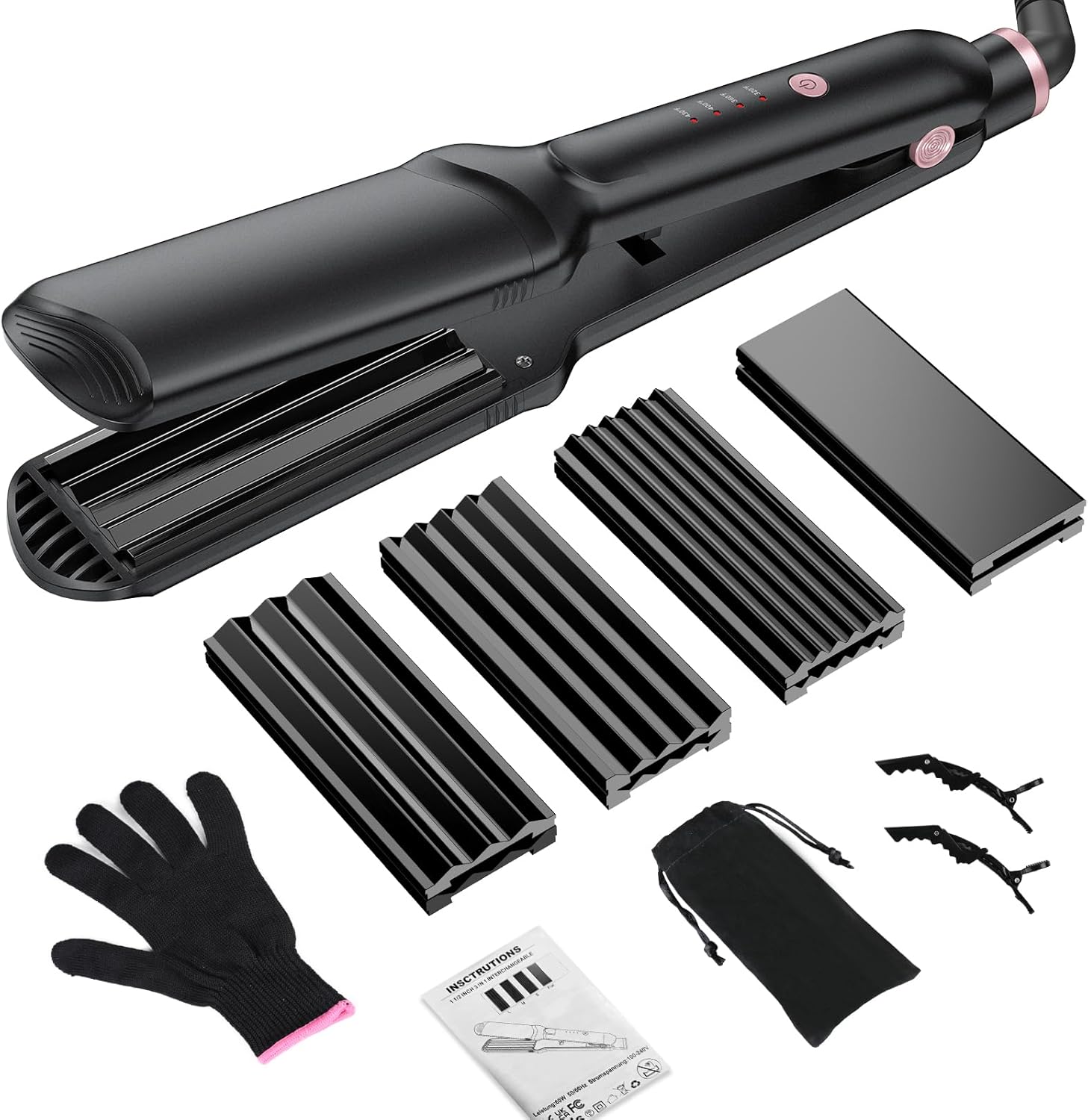 Sixriver Hair Crimper for Women Hair Waver Hair Straightener Curling Iron 4 in1 Flat Crimping Iron Plates Ceramic Waver Hair Tool Volumizing Crimper with 15s Fast Heating (Black)