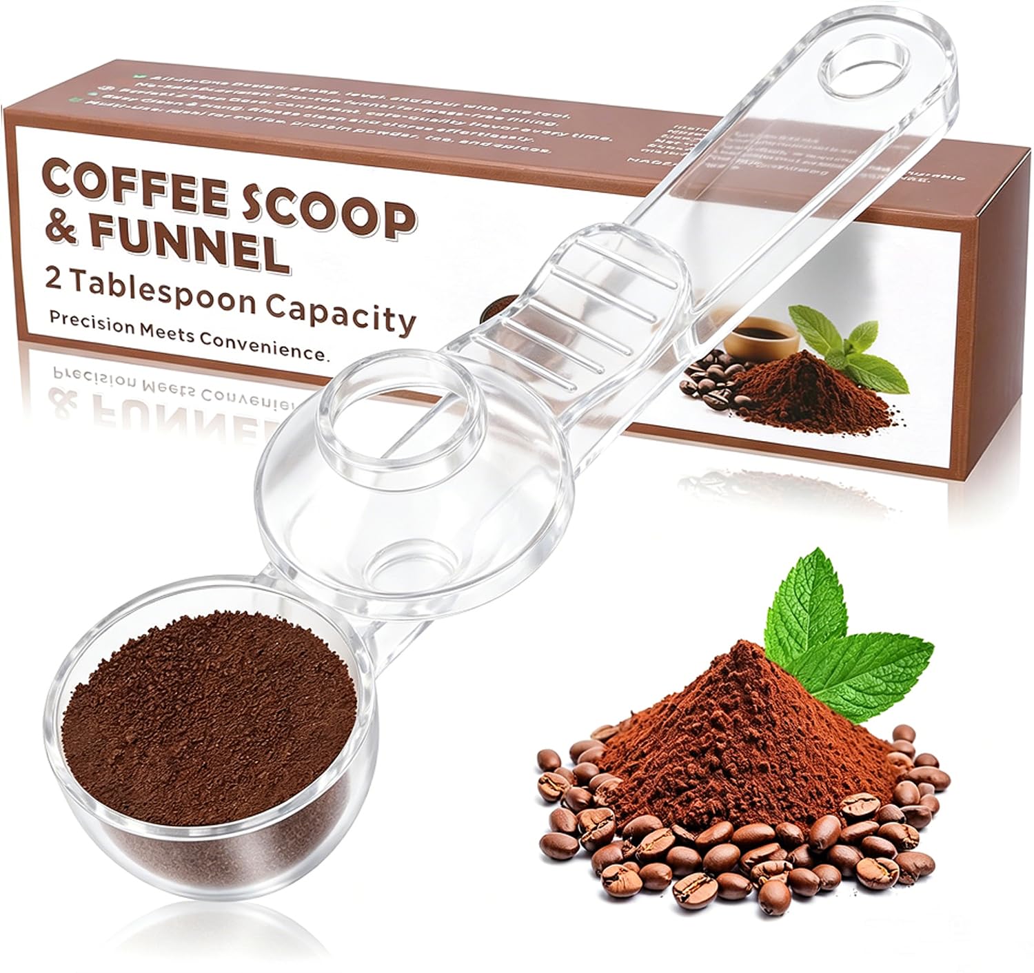 2-in-1 Coffee Scoop with Funnel, 2 Tbsp Measuring Spoon for Reusable K Cups, Ground Coffee, Protein Powder & Tea, Mess-Free Plastic Design（Transparent-1pack）