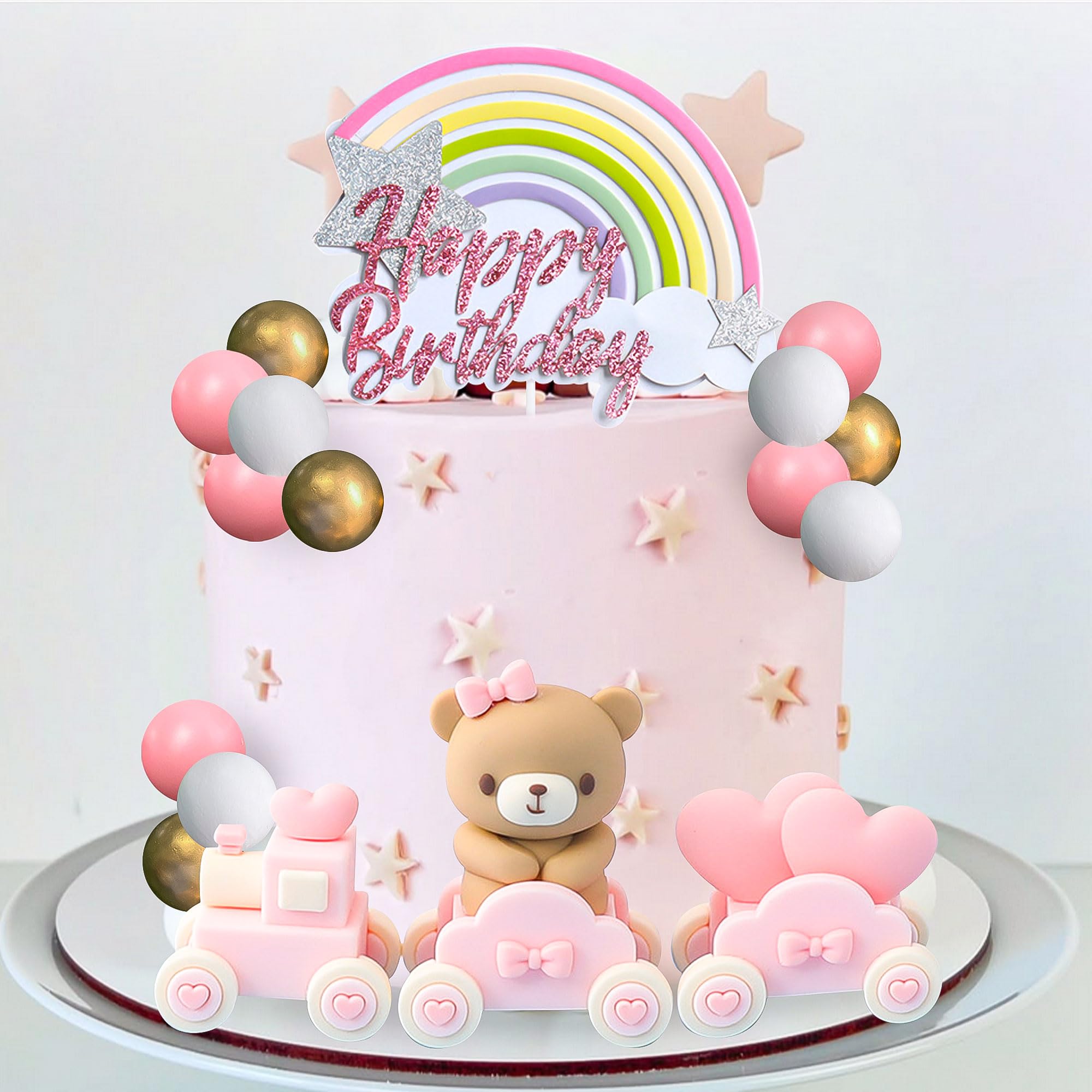 JeVenis Pink Bear Cake Toppers Train Bear Cake Decoration Pink Golden White Ball for Girl Baby Shower Birthday Party Decorations