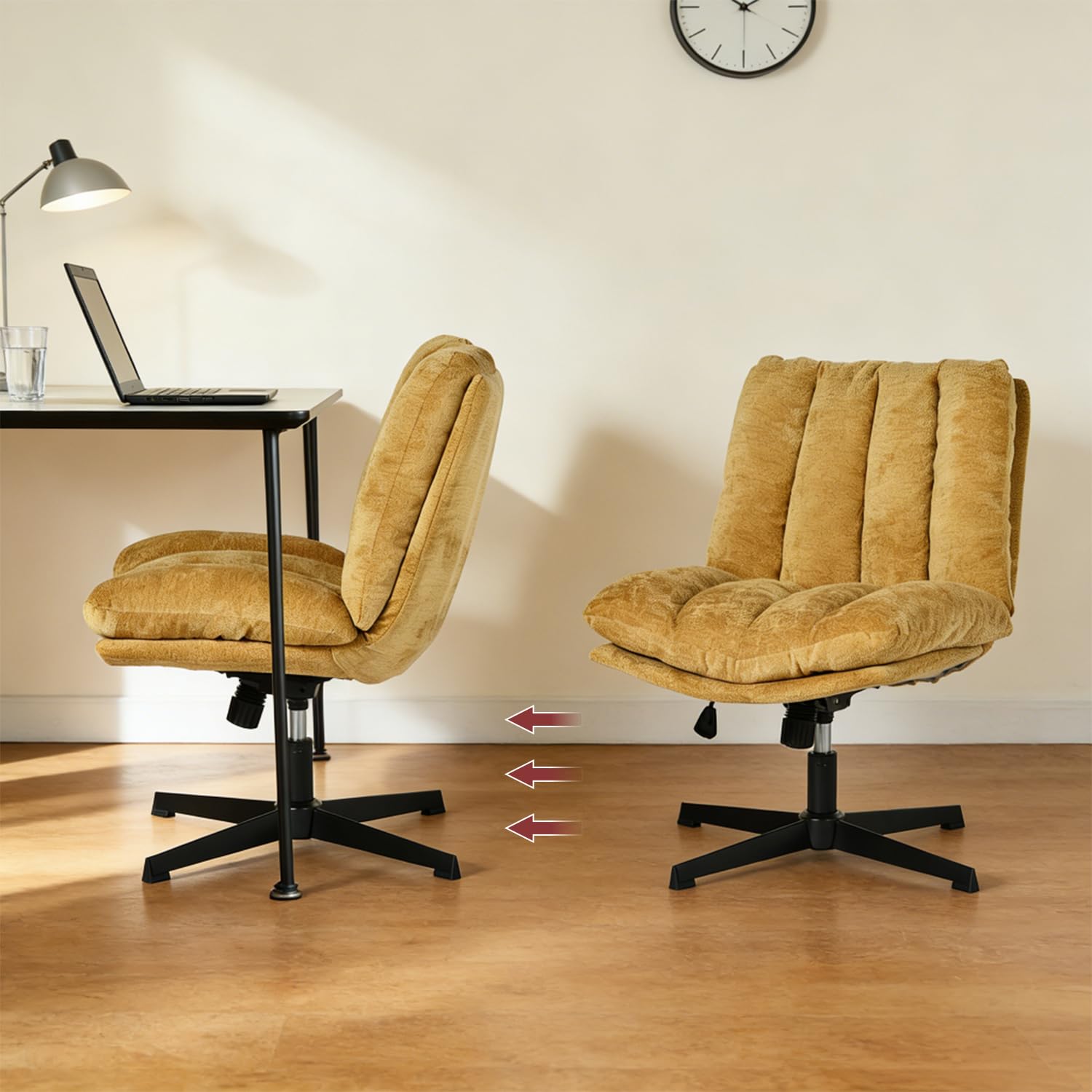 MEUBLE Cosy Silla de Oficina Giratoria 360° Función de Inclinación, Altura Ajustable, Acolchada con Espuma en Tela, para Escritorio Estudio, sin Ruedas, Amarillo