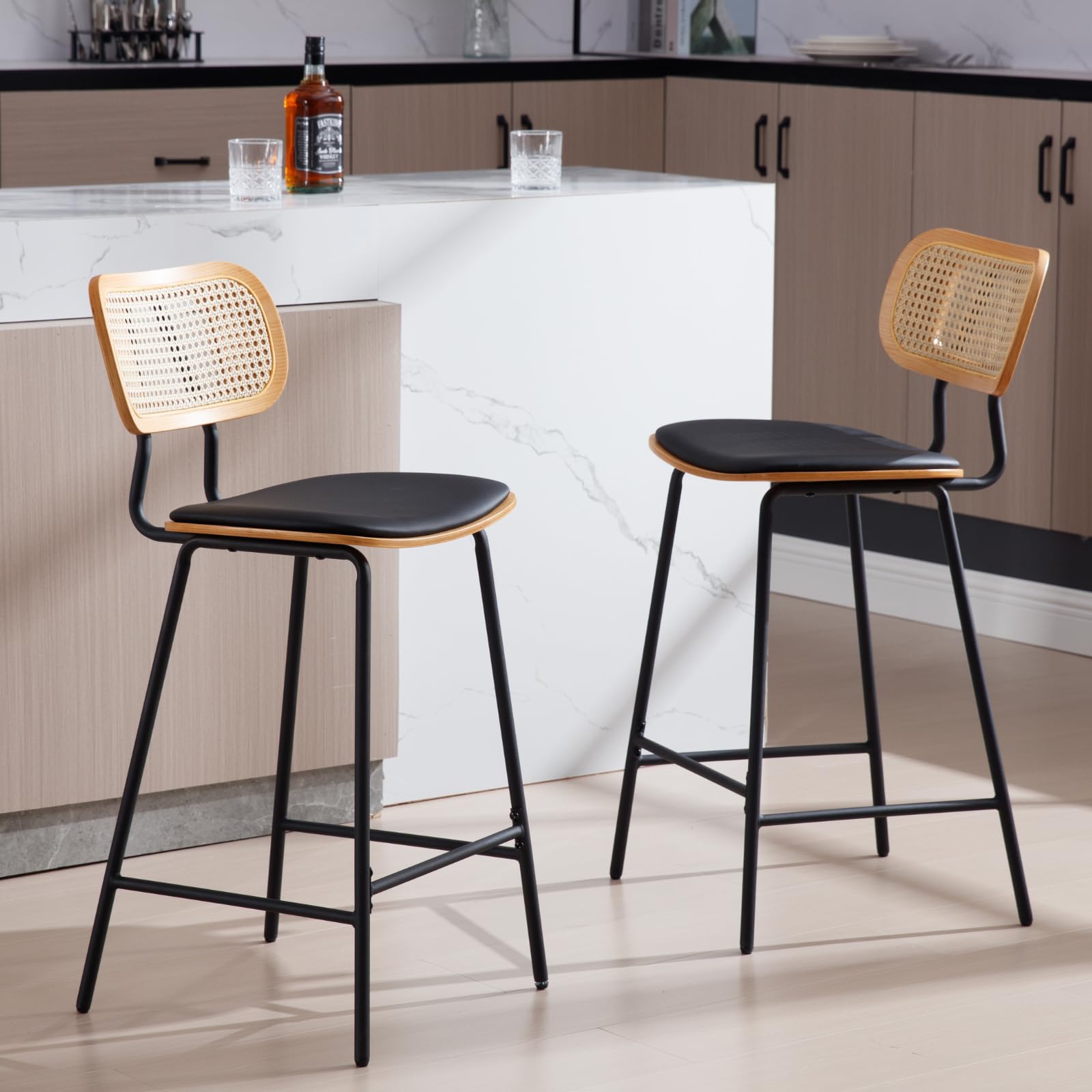 Modern Bar Stools Set of 2 High Chairs with Rattan Back,Kitchen Stools Upholstered in PU Cushion Counter Chairs with Black Legs for Home/Restaurant,Black