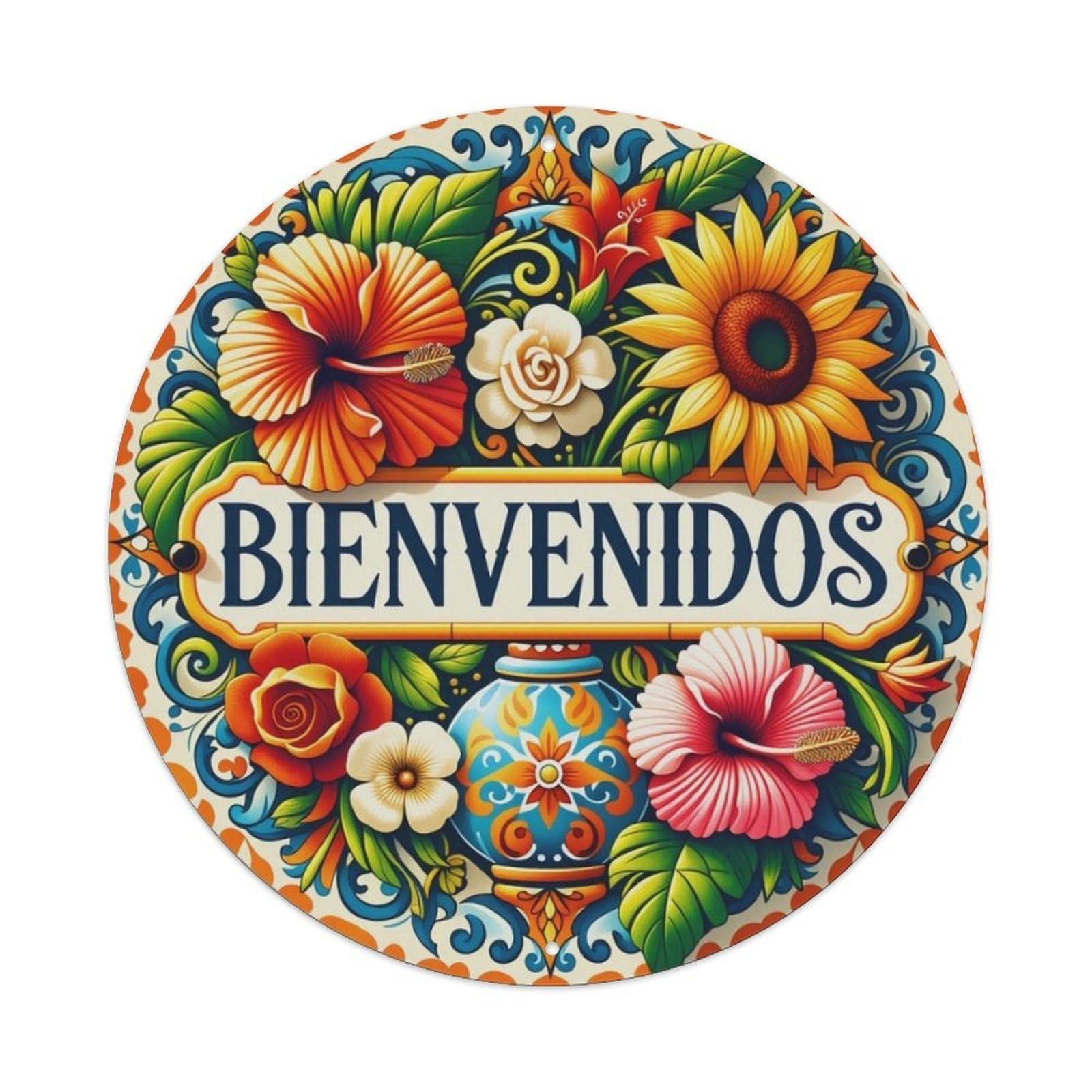 Ldfuieksufg Style Mexican Floral Bienvenidos Welcome Round Sign Vintage Aluminium Metal Sign, Retro Wall Decor For Home, Bar, Garage & Farmhouse 20X20cm