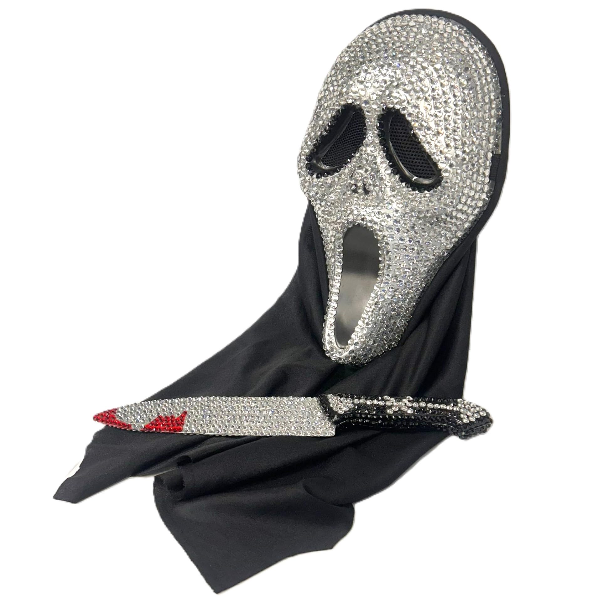Stylex Party Diamond Encrusted Ghost Mask with Diamond Encrusted Bloody Knife Prop, for Fancy Dress Costume