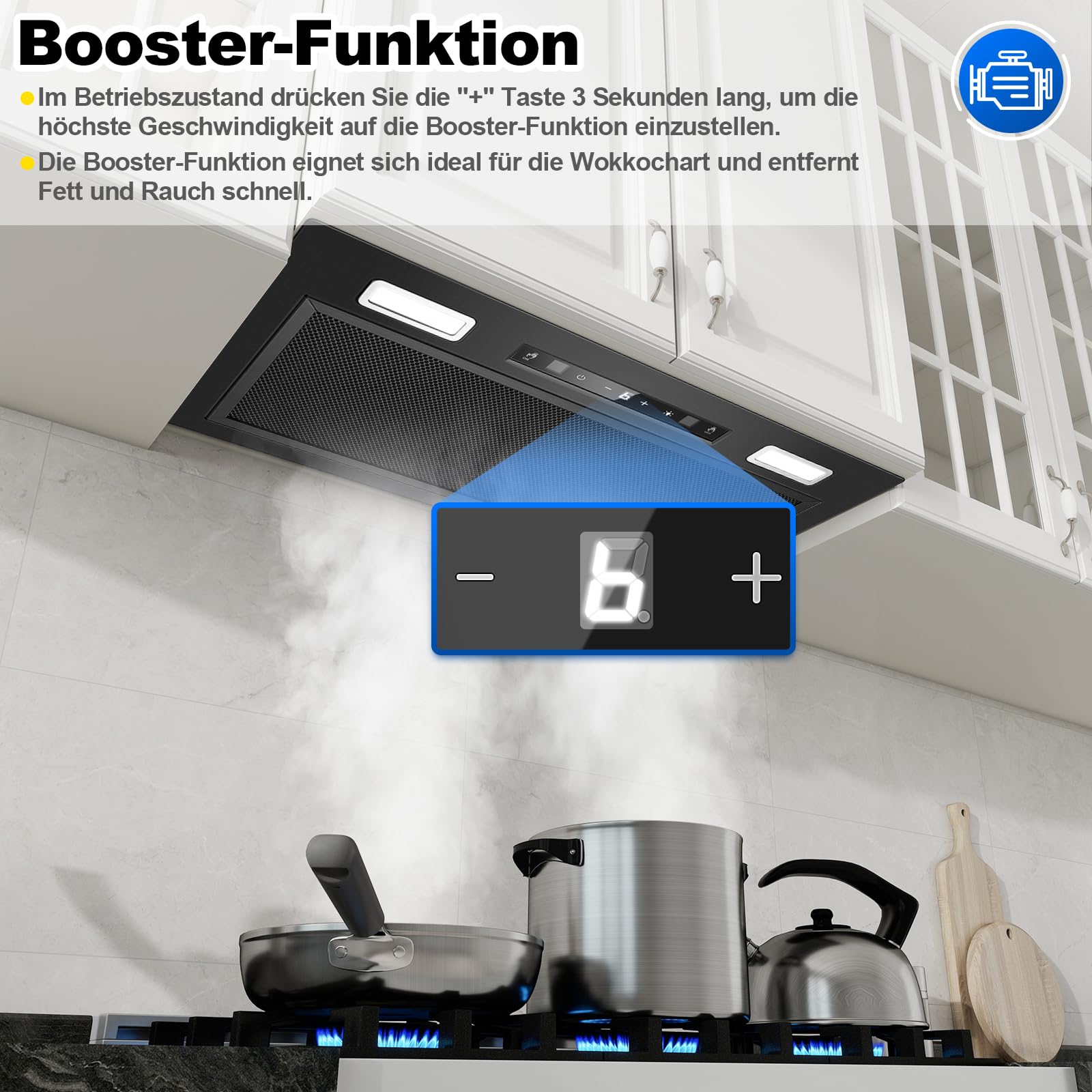 Einbau Dunstabzugshaube 52cm 750m³/h Abluft/Umluft Schwarz Gestensteuerung Touch 3 Leistungsstufen Booster Aktivkohlefilter