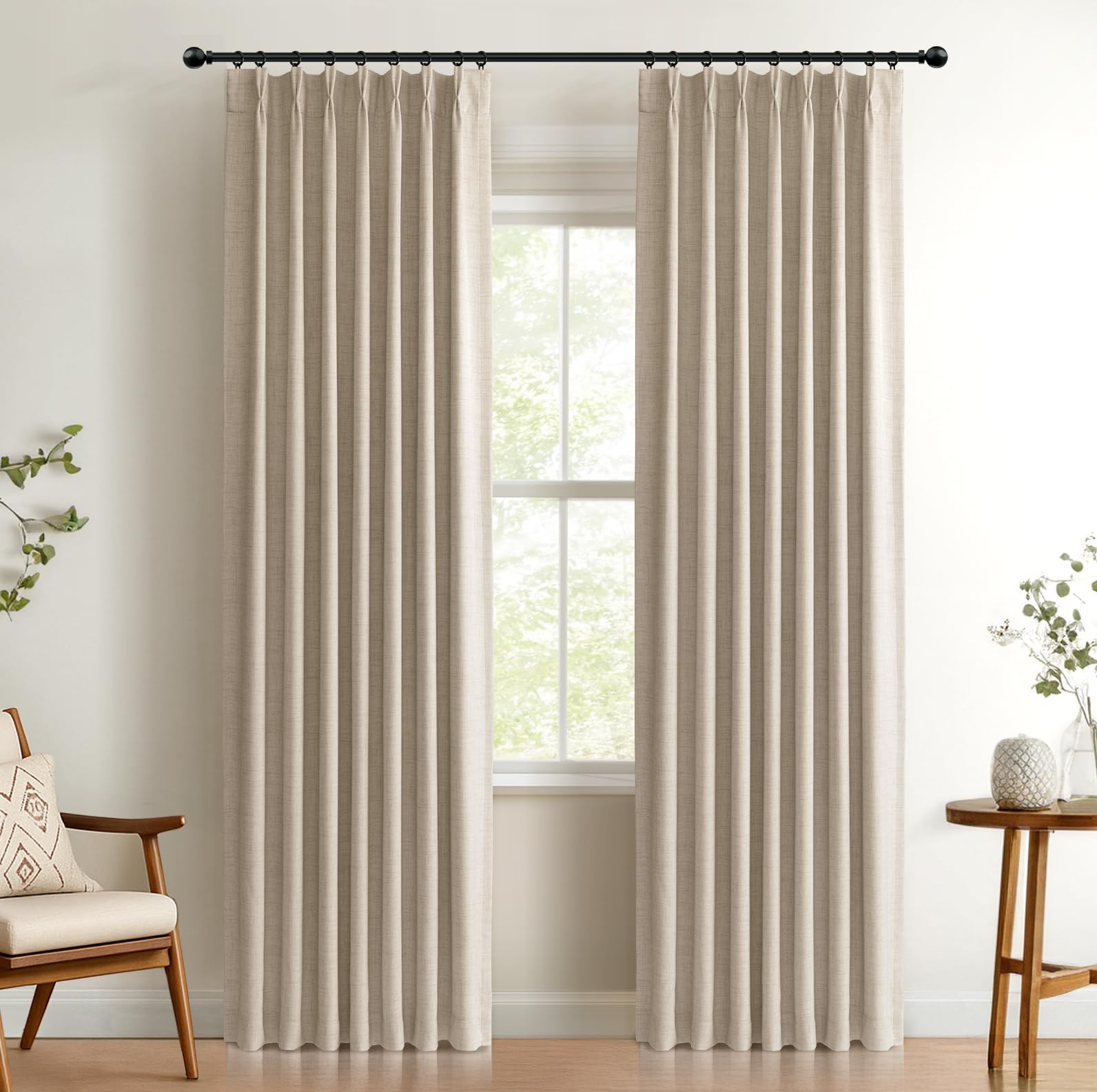 100% blackout shield linen look textured pinch pleated curtains blackout drapes 96 inch long 2 panels set, faux linen blackout curtains for bedroom & living room, 40" w x 96" l, oatmeal