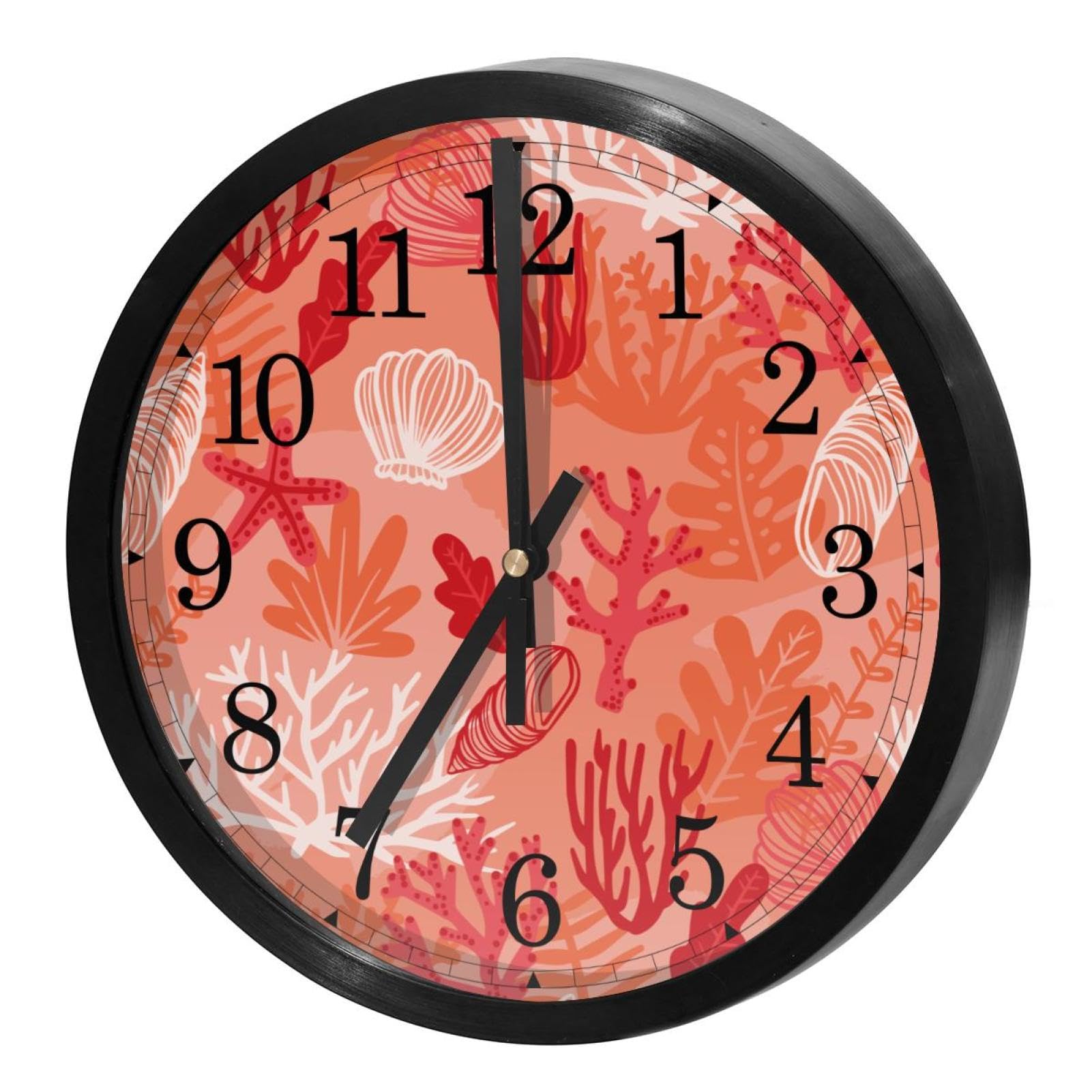 Horloge murale sans tic-tac à quartz ronde avec motifs de conque rouge
