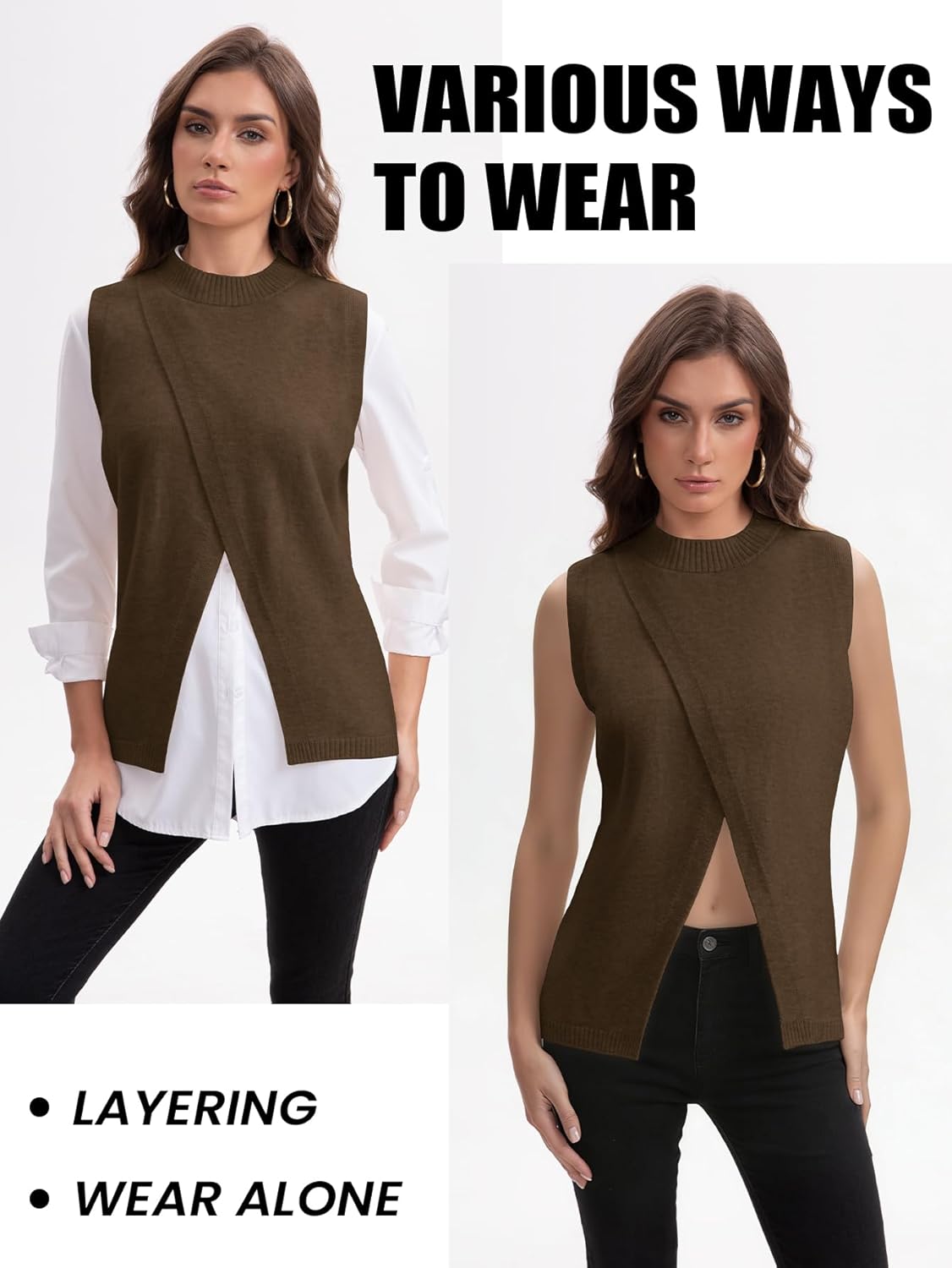 Women’s Mock Neck Sweater Vests, Sleeveless Knit Pullover Tops Casual Split Hem Shirt Trendy Going Out Outfits - Image 5