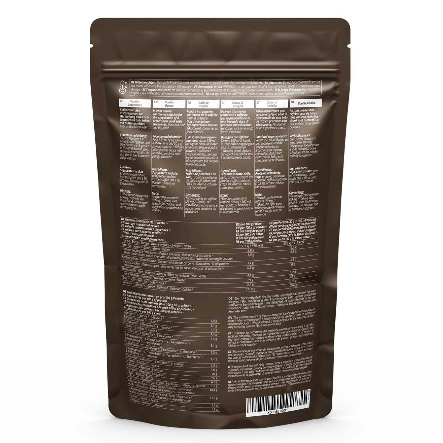 Nutri + Protein Iced Coffee Vanille - Vheypresso Eiweiß Kaffee mit Koffein 800 g Pulver ohne Laktose, Whey + Gluten - Proteinkaffee