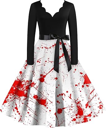 OIOLOYJM Sexy Plus Size Halloween Costumes Woman 2025 Long Sleeve V Neck Printed Gothic Retro Formal Party Dresses for Women