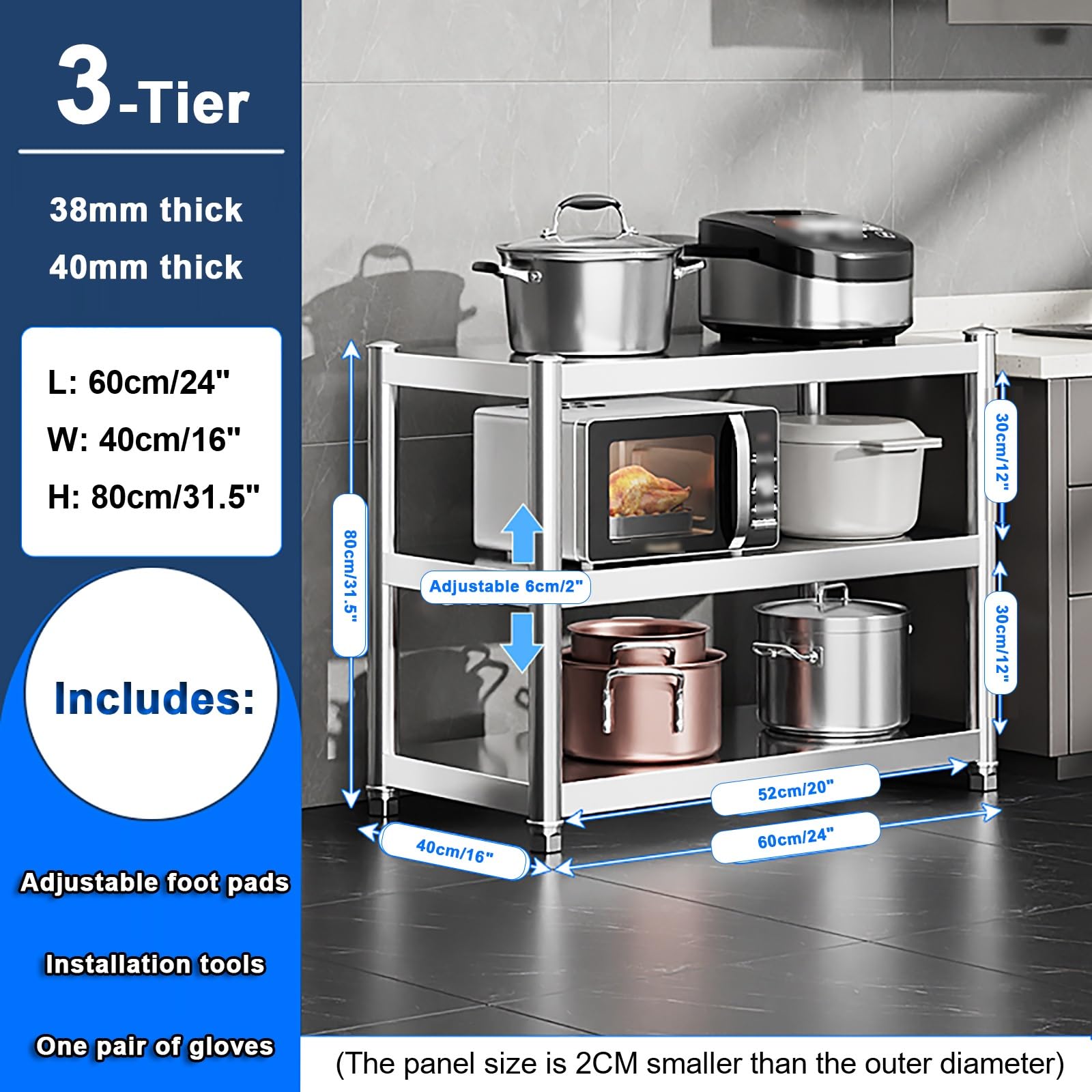 inless - Mesa de preparación de acero con 3 niveles de isla de cocina para microondas y comedor (60 x 40 x 80 cm), perfecta para cocinar en casa y preparar comidas