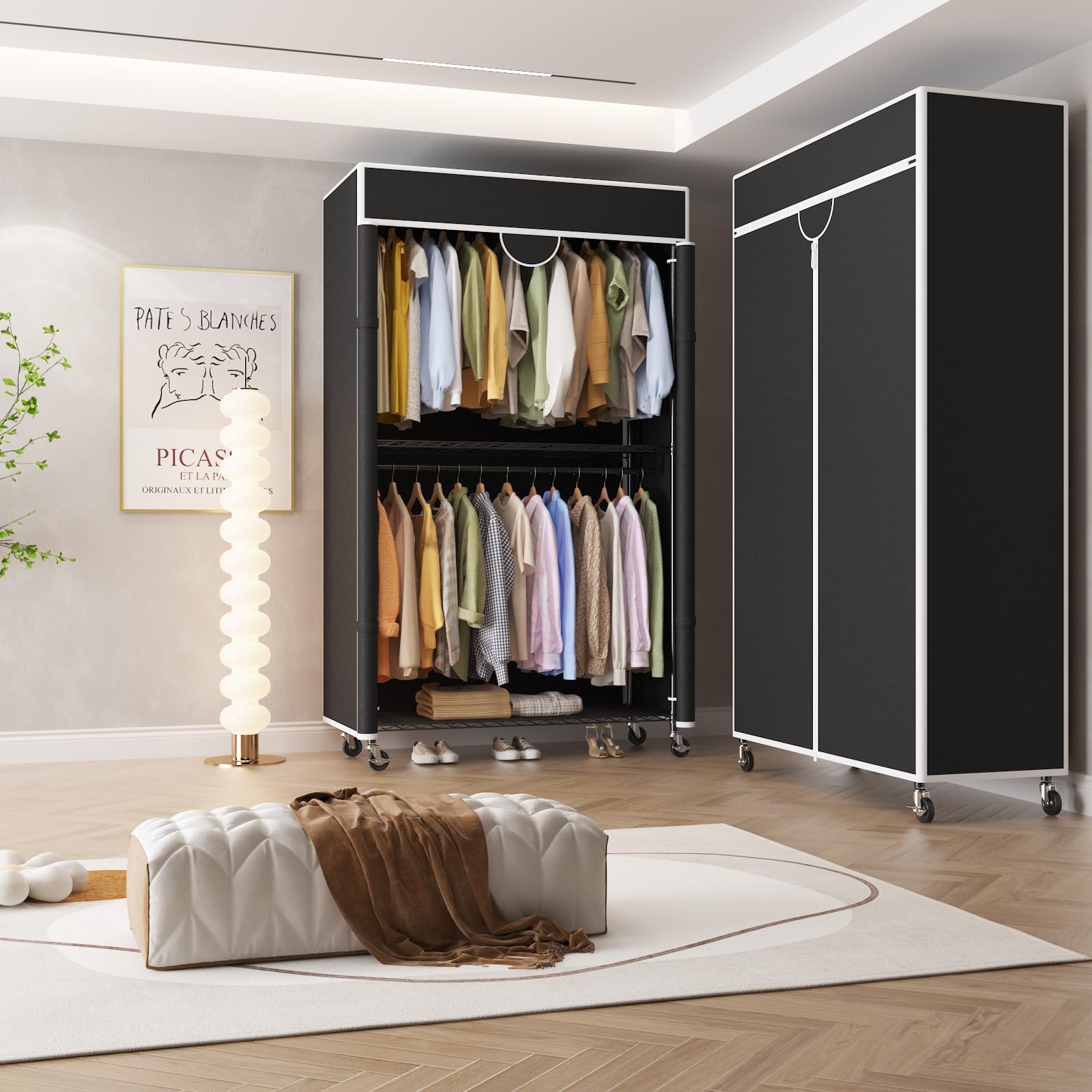 Aptliton Schwerlast Faltschrank Mit Rollen 115x45x202 cm, Kohlenstoffstahl Kleiderschrank Schwarz Freistehend, Stoffschrank Mit Kleiderstange Und 2 Ablagen, Garderobe Hohe Belastbarkeit Metallrahmen