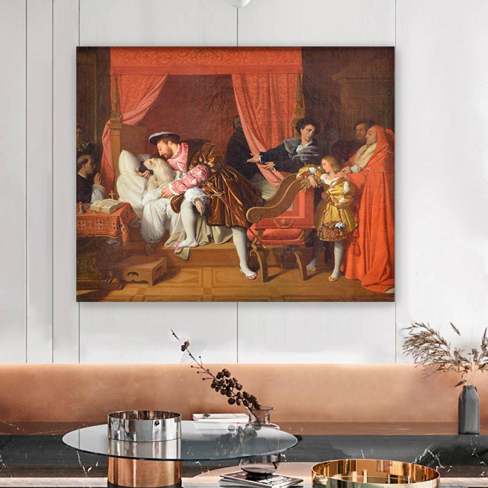 Jacques-Louis David słynne obrazy olejne reprodukcja na płótnie (Śmierć Leonardo da Vinci) plakaty i wydruki klasyczne płótno sztuka ścienna obrazy krajobrazu 60 x 80 cm oprawione