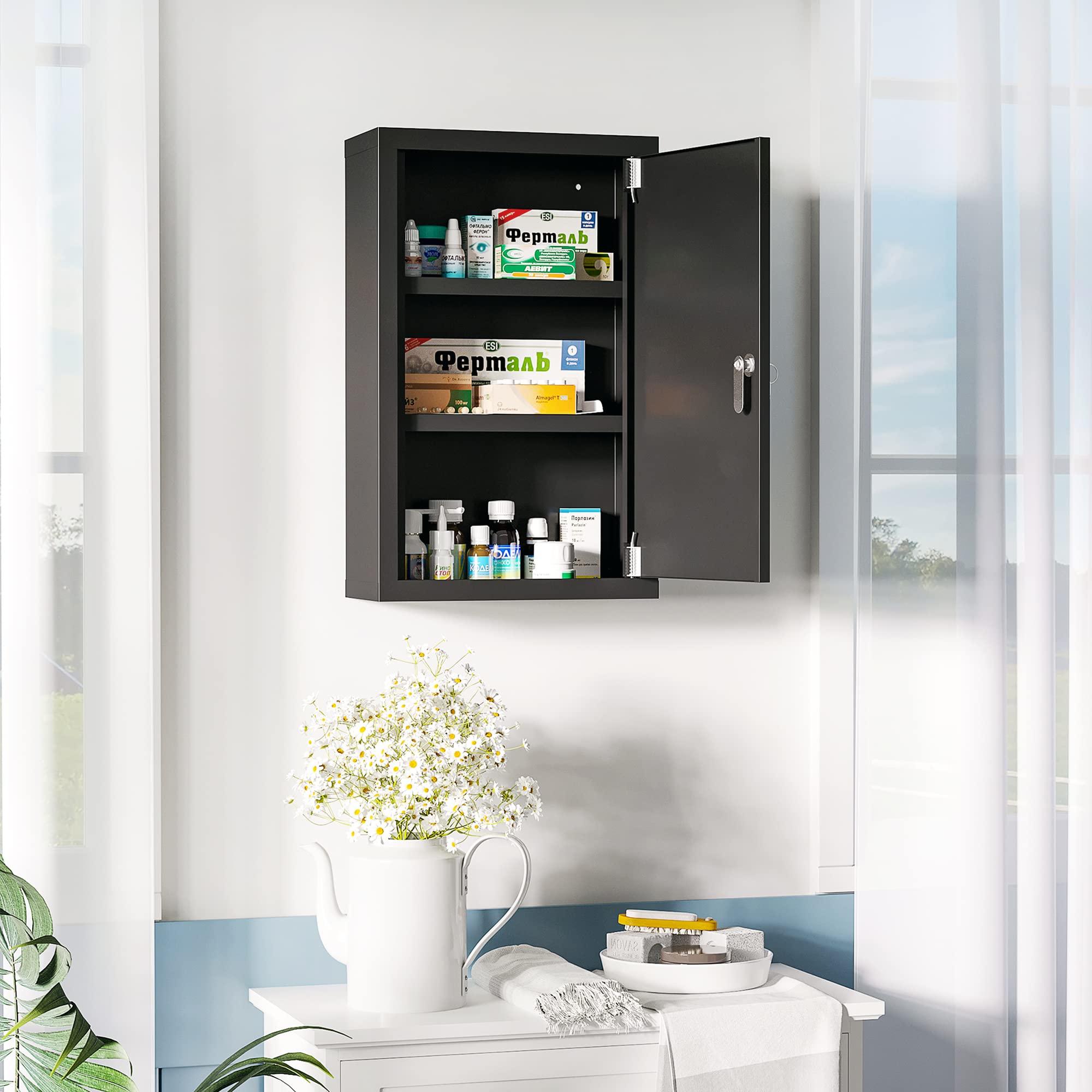 kleankin Armoire de Pharmacie Murale 3 étagères 30x14x46 cm Noire