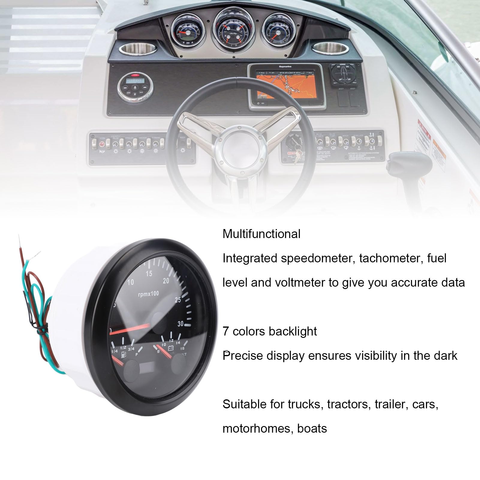 Tachometro Marino 85 Mm, Calibro Voltmetro del Carburante 3 in 1 con la Retroilluminazione di 7 Colori per la Barca per per Auto per Camion, Adatto Alla (Black Dial Black