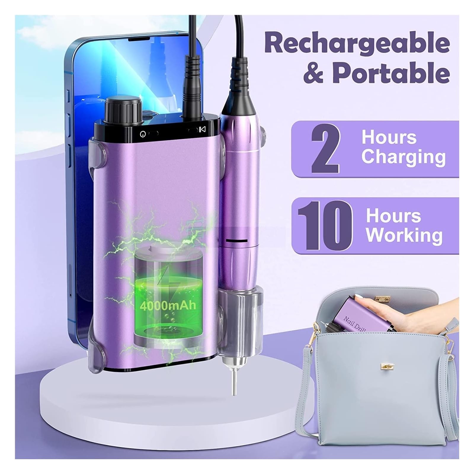 35000 Giri/min Professionale Trapano for Unghie for Smalto Gel Acrilico levigatrice for Unghie Ricaricabile con Display HD Strumenti for Salone Trapano for Unghie(Purple)