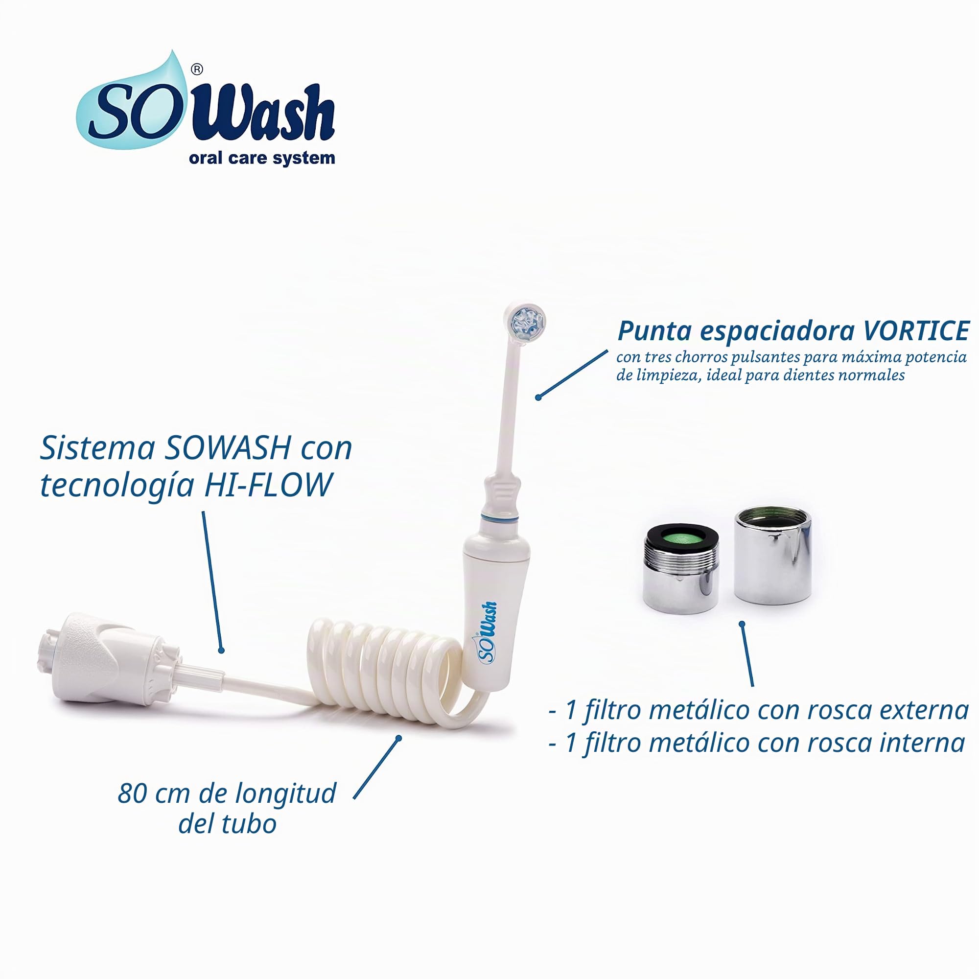 Irrigador Dental SOWASH VORTICE, Se Conecta al Grifo, Irrigador Bucal Sin Baterías y sin Electricidad, Cabezal Vórtice con Chorro Pulsante Convergente Triple (Pat. Internac.), Producto Italiano