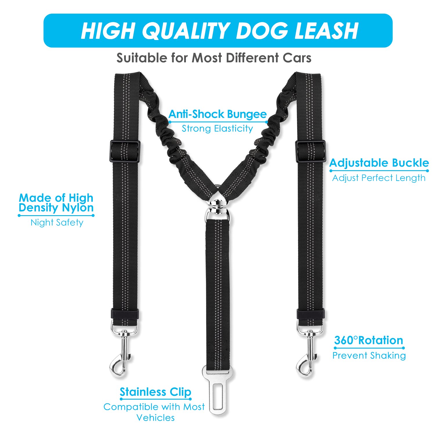 SlowTon Cinturón de seguridad para perro, doble cinturón de seguridad ajustable para vehículo con amortiguador elástico, reflectante, sin enredos, en forma de Y, dos arnés para perros, divisor de
