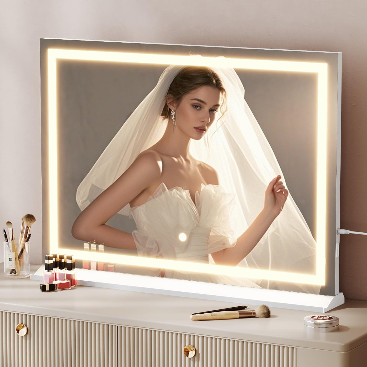 vanity mirror with lights showing 3 color modes and touch control