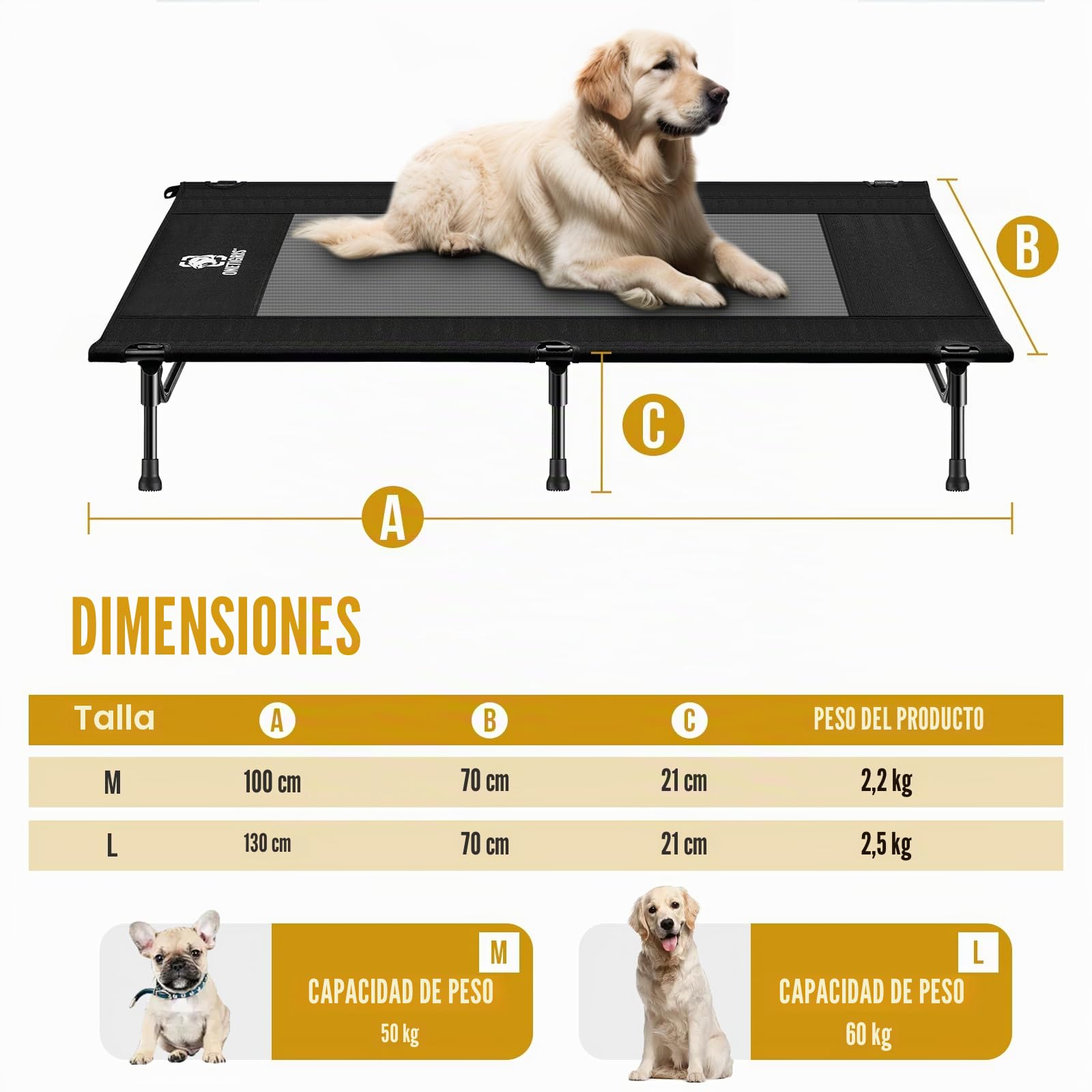 OneTigris Cama para perros, al aire libre, cama elevada para perros, 130 x 70 cm, altura 21 cm, ajuste rápido, estable, cómoda y transpirable, duradera y fácil de limpiar