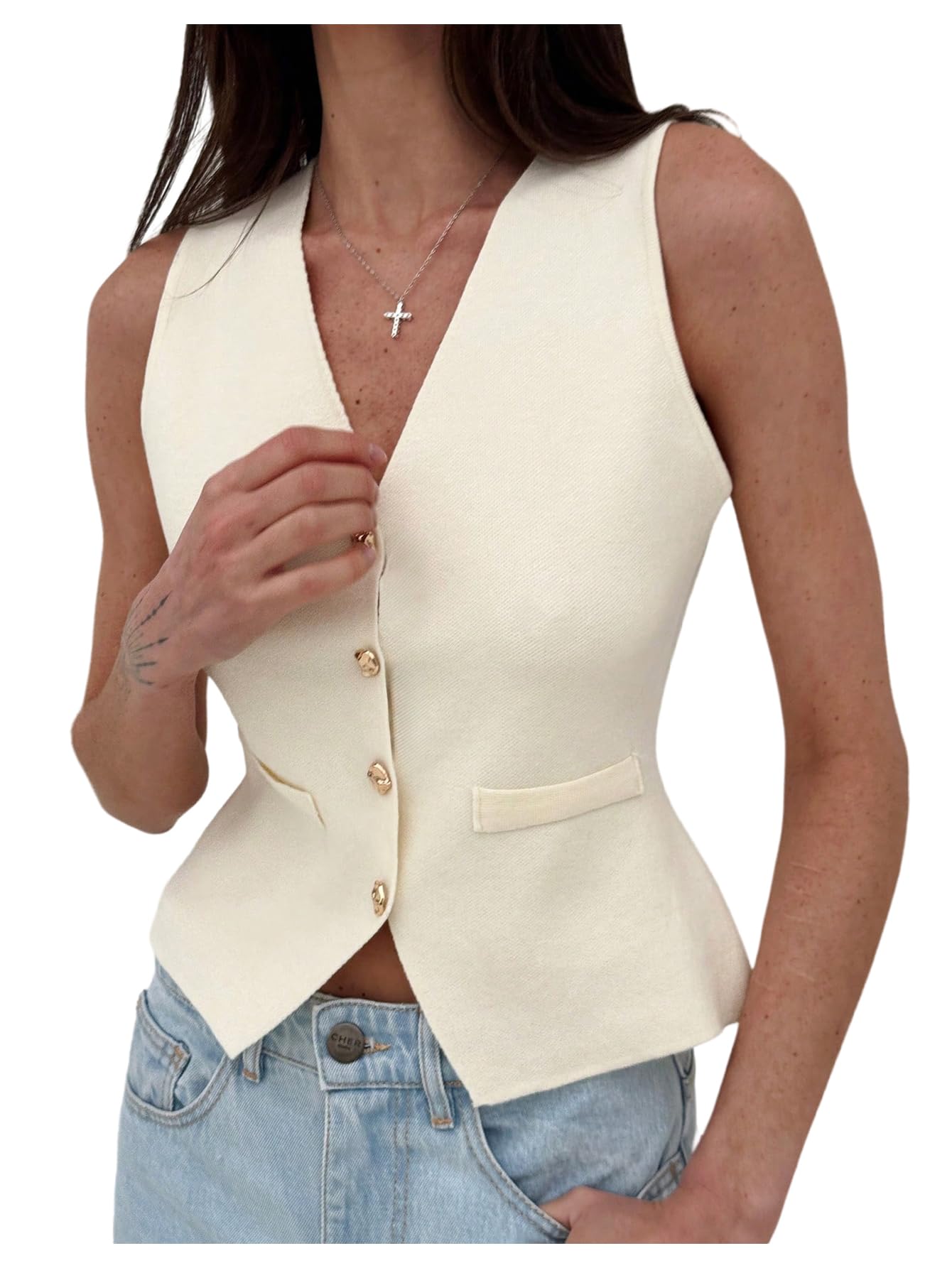 Floerns Womens V Neck Button Down Suit Vest Sleeveless Elegant Business Office Blazer