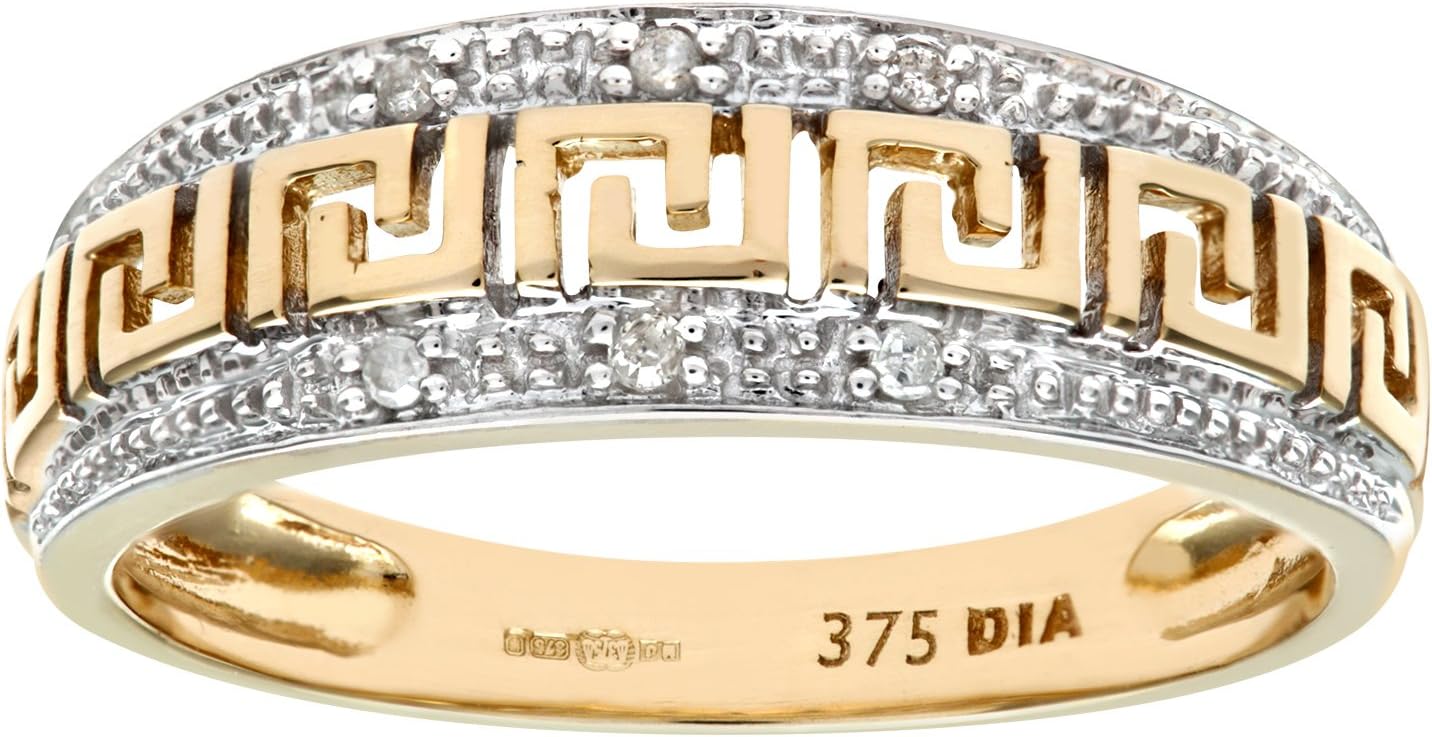 Revoni Women 375 Yellow Gold 9ct Ring with Round Diamond 0.03ct Pave Setting Ladies Dress Style Size U