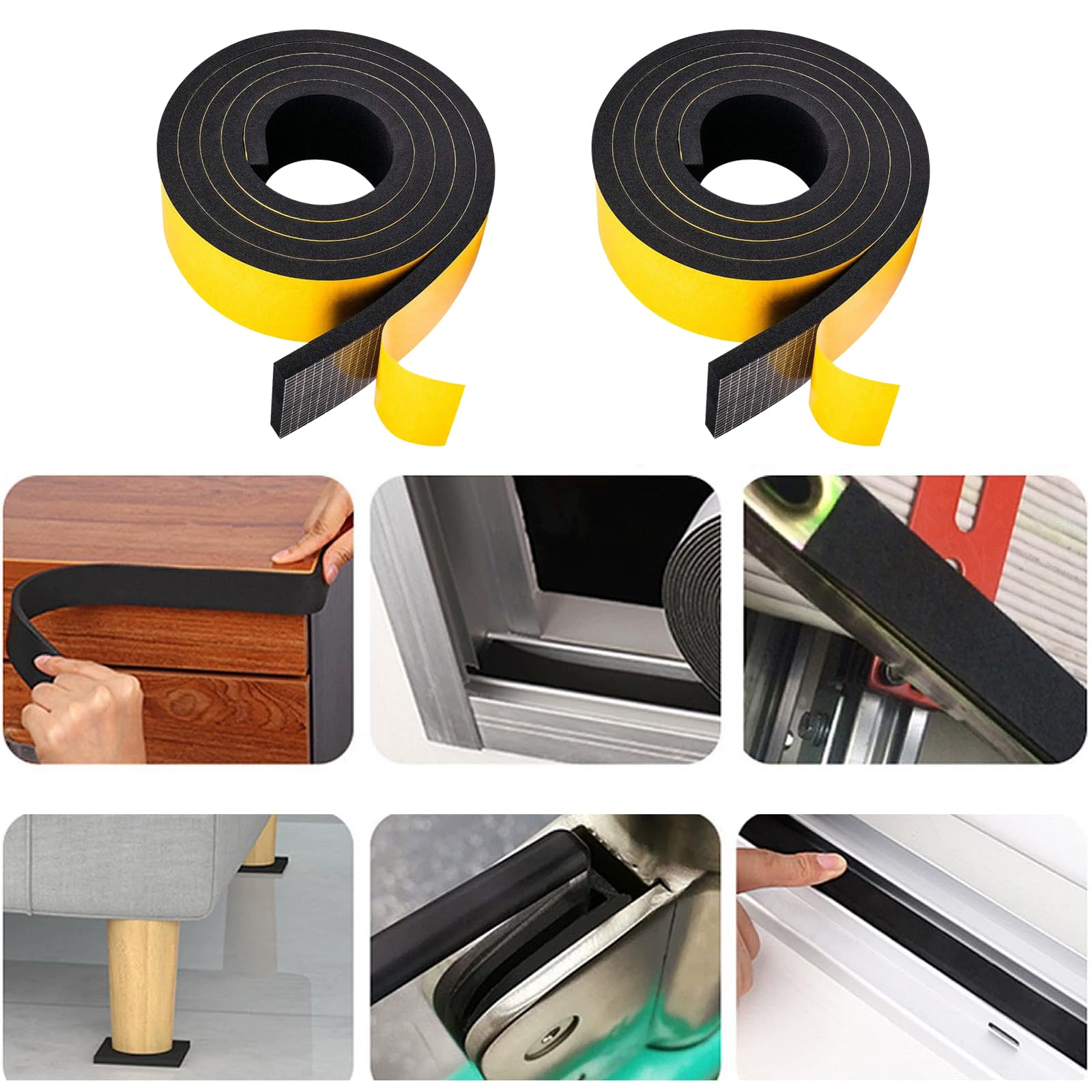 Nastro autoadesivo in schiuma,12 mm (larghezza) x 6mm (Spessore),guarnizione in gomma per porte e finestre,resistente alle intemperie,anti-collisione,isolamento acustico (4m x 2 rotoli),nero