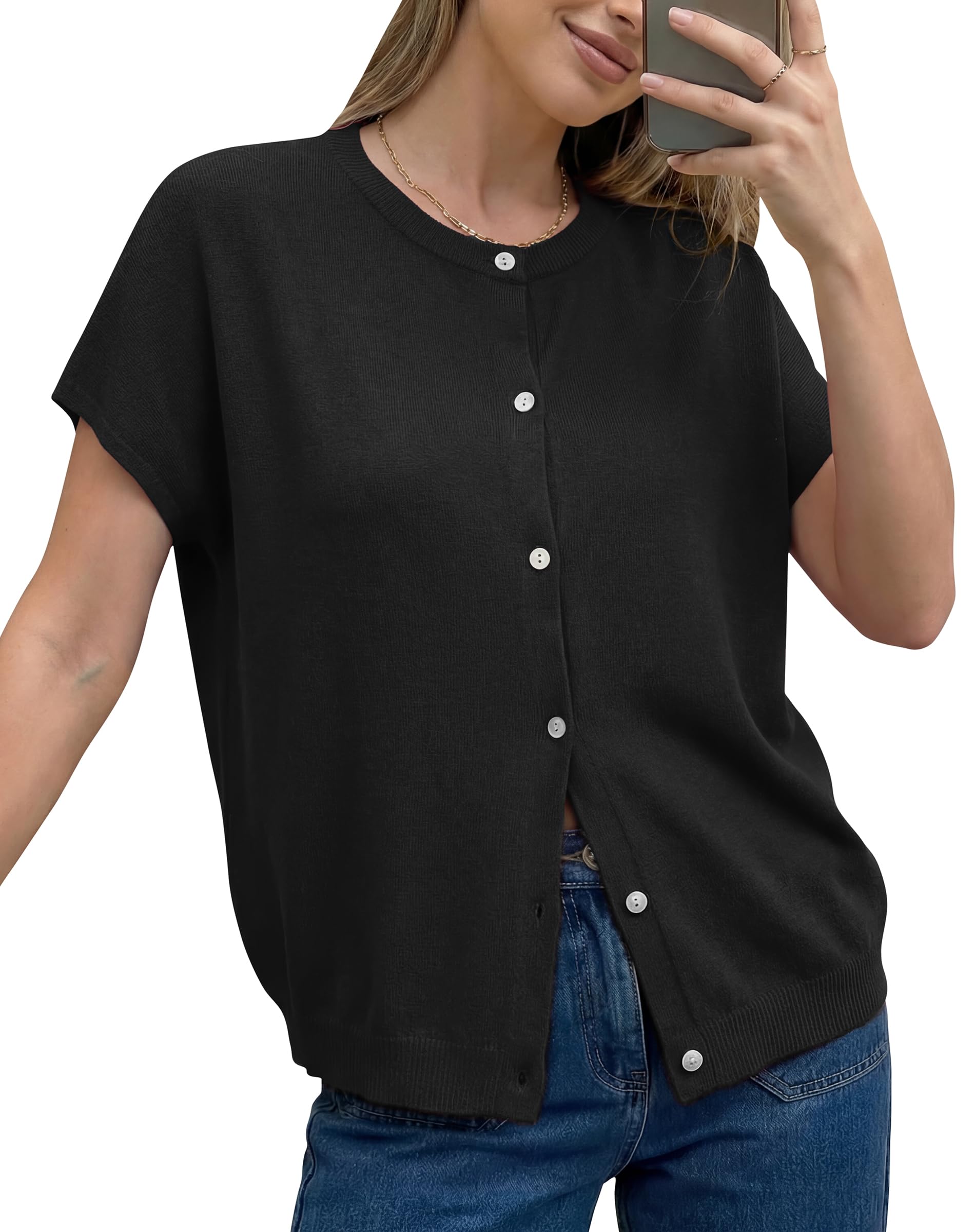Women's Wool Blend Oversized Lightweight Cardigan Short Sleeve Summer Casual Sweaters Tops-image-24