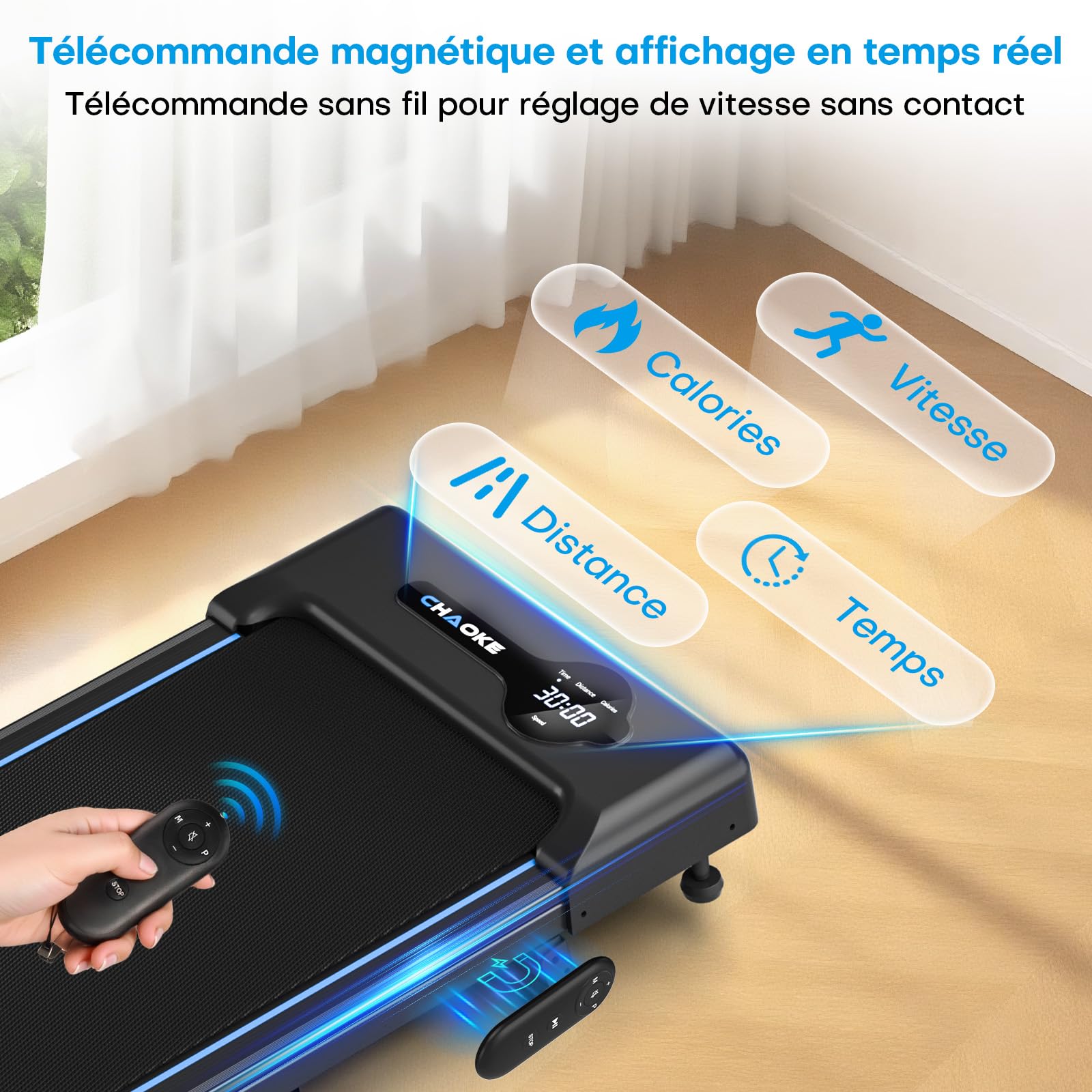 Tapis de Marche CHAOKE avec Inclinaison de 9%, Tapis de Course sous Bureau Jusqu’à 10 km/h, Moteur Silencieux de 2,75 CV, Capacité Maximale de 150 kg, avec 12 Programmes HIIT et Télécommand