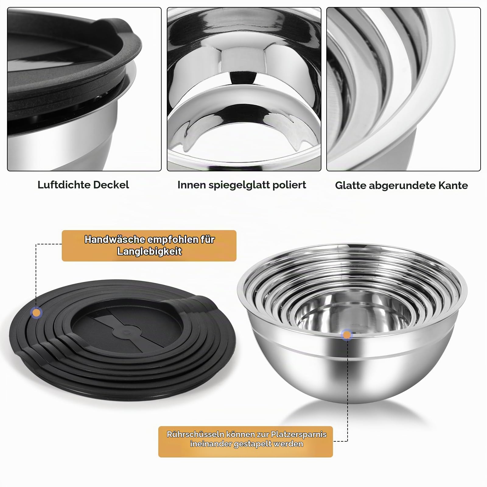 Cinnani Edelstahl Schüssel Set 8-teilig, Edelstahlschüssel Edelstahl Rührschüssel, Salatschüssel,Küchenschüssel mit Deckeln, Multifunktional schüsseln,Stapelbar