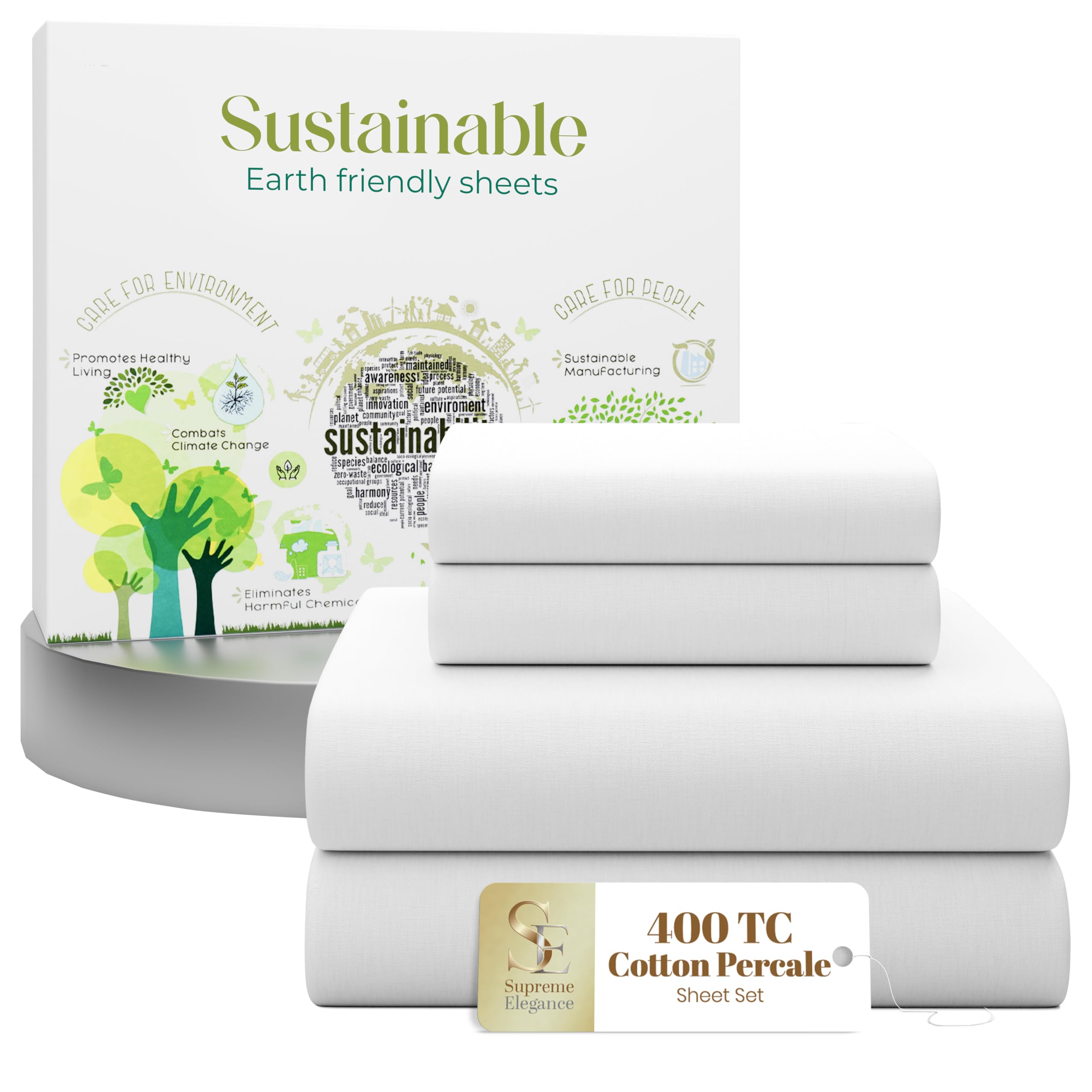 SUPREME ELEGANCE King Size 100% Cotton Percale Sheet Set, Snow White