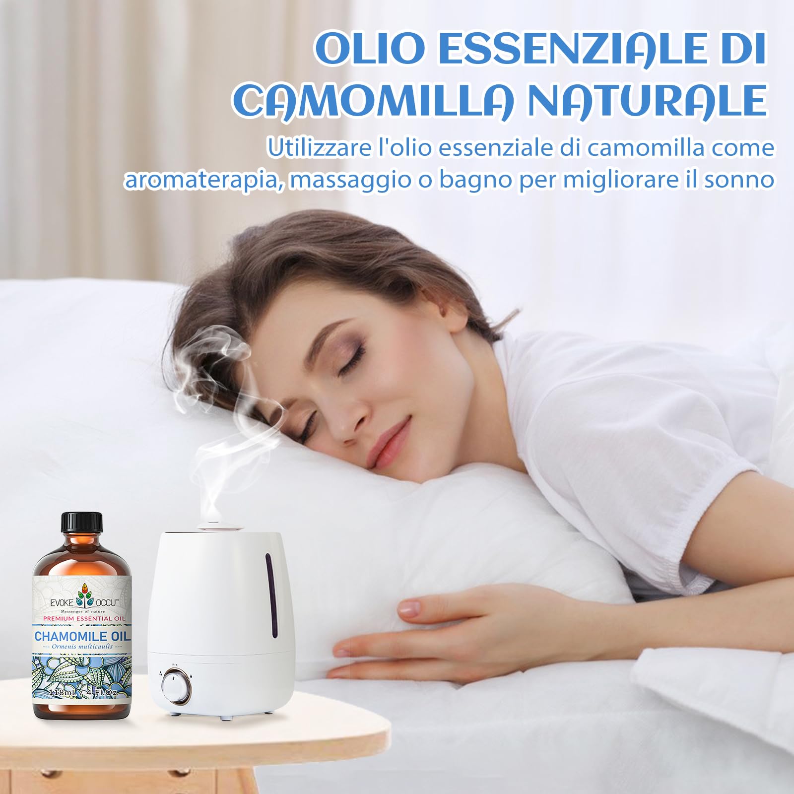 EVOKE OCCU Olio Essenziale Camomilla 118ML, Puro per Calma L'umore, Rilassa il Sonno, Idrata la Pelle, Aromaterapia, Diffusore