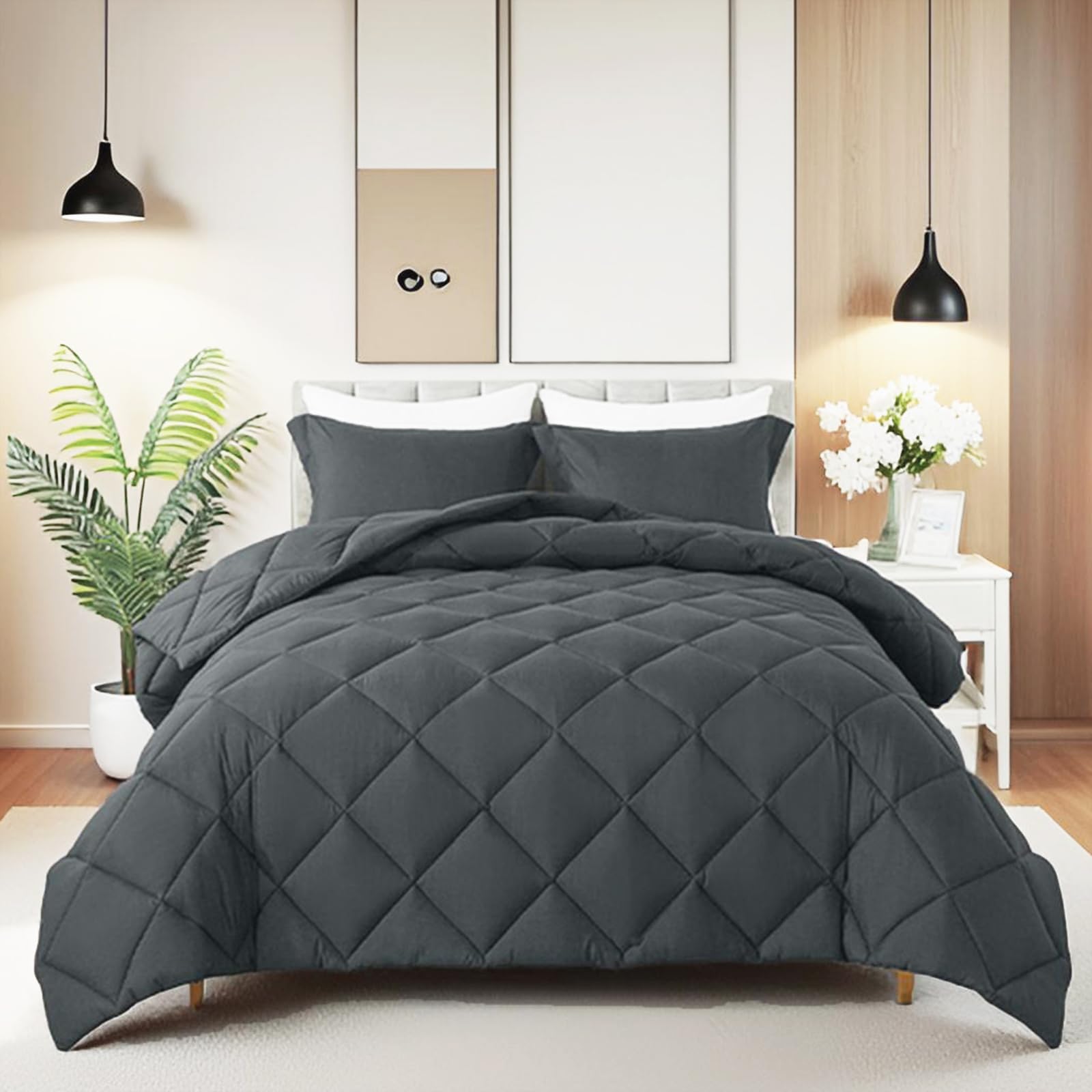 hyleory twin size comforter set with 1 pillow sham - down alternative bed comforters bedding sets for all season - lightweight - machine washable - dark grey