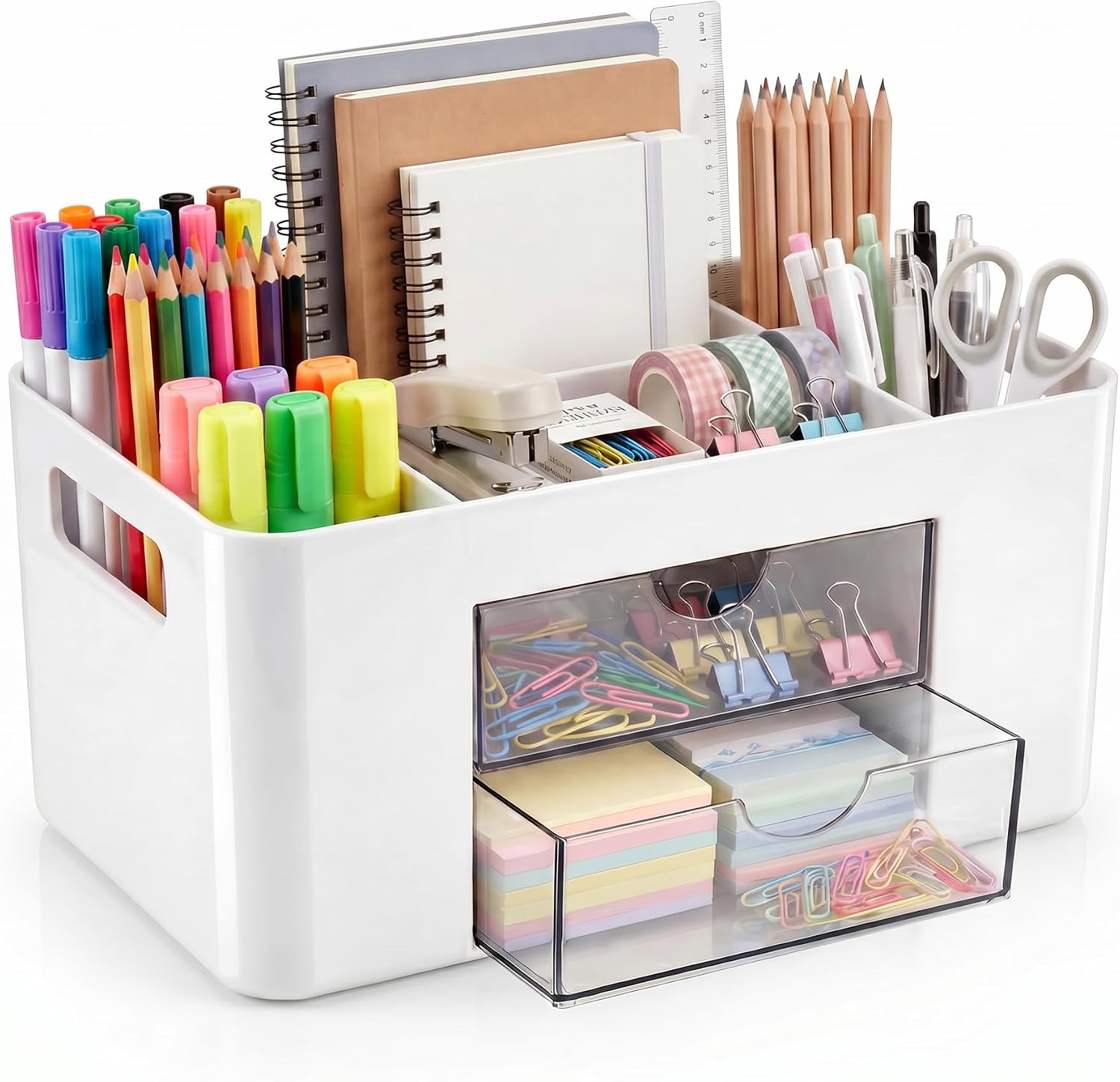 White Desk Organizer with Drawers, 4 Slots, Side Handles, Pen Holder