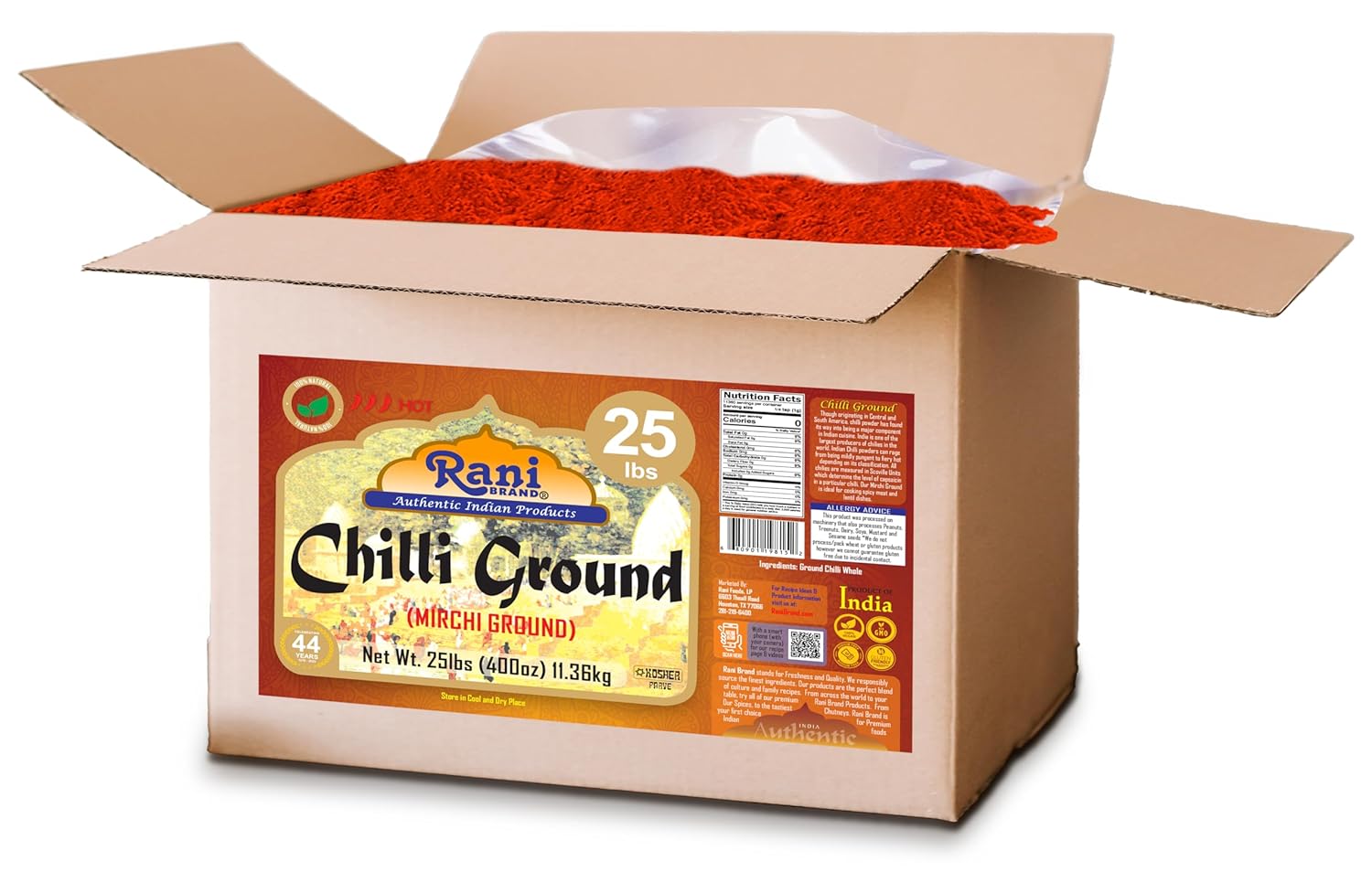 Rani Chilli Powder (Mirchi) Ground Indian Spice 400oz (25lbs) 11.36kg Bulk Box ~ All Natural | Salt-Free | Vegan | No Colors | Gluten Friendly | NON-GMO | Kosher | Indian Origin