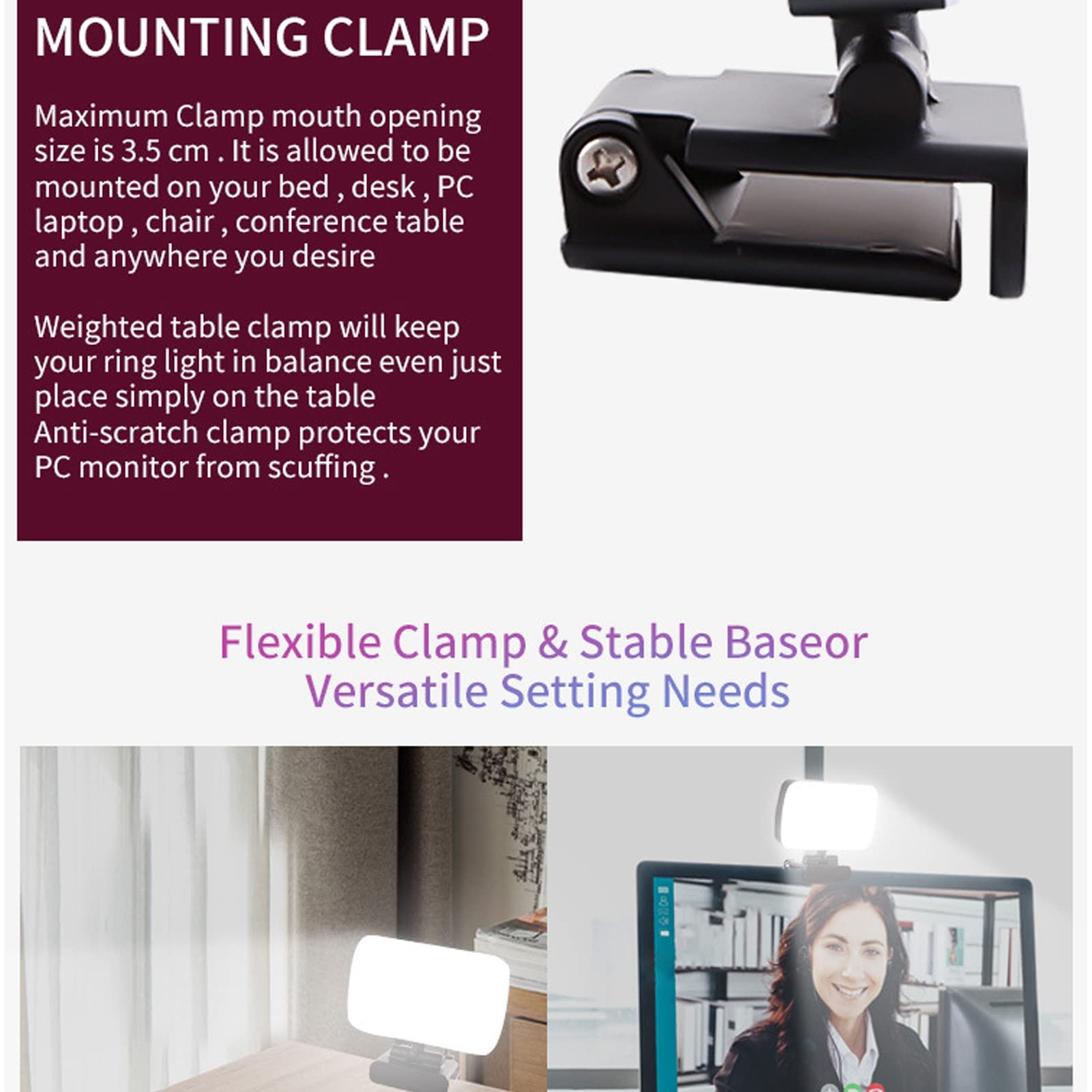 Lampe LED Pour Vidéoconférence USB-C - 120 LEDs, 3 Températures De Couleur, 10 Niveaux De Luminosité - Clip Sur Écran