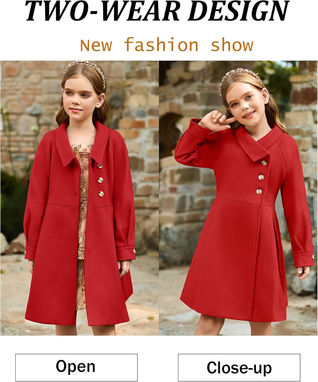 GRACE KARIN Girls Dress Coat Kids Wool Lapel Long Button Jackets Fall Winter Outerwear Peacoat with Pockets 5-12Y - Image 2