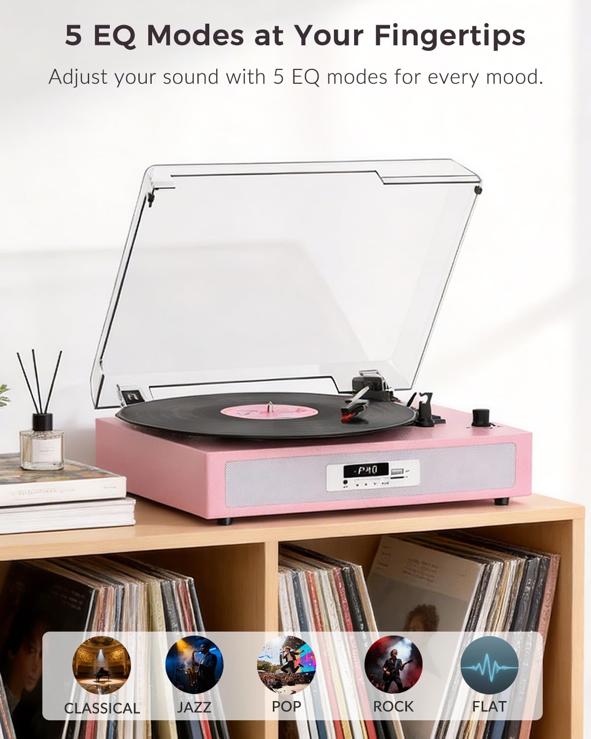 Giradischi in vinile con doppio altoparlante stereo integrato, giradischi vintage a 3 velocità, giradischi Bluetooth con modalità audio EQ, registrazione e riproduzione USB/TF, display LED