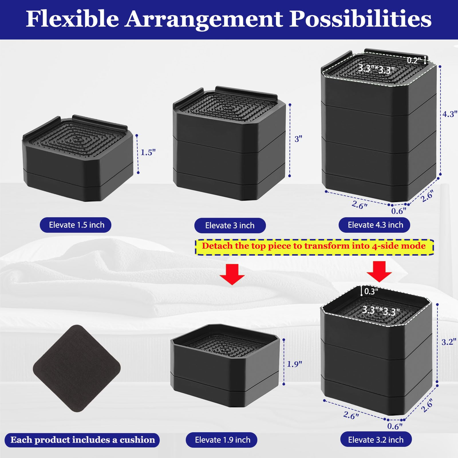 Bed Risers Heavy Duty, Adjustable Furniture Riser Blocks Lift 1.5, 3, 4.3 inches for Couch Table Desk Sofa Chair Legs, Refrigerator, Washing Machine - Support up to 4000 lbs (Black 4 Pack, 4.3 inch)