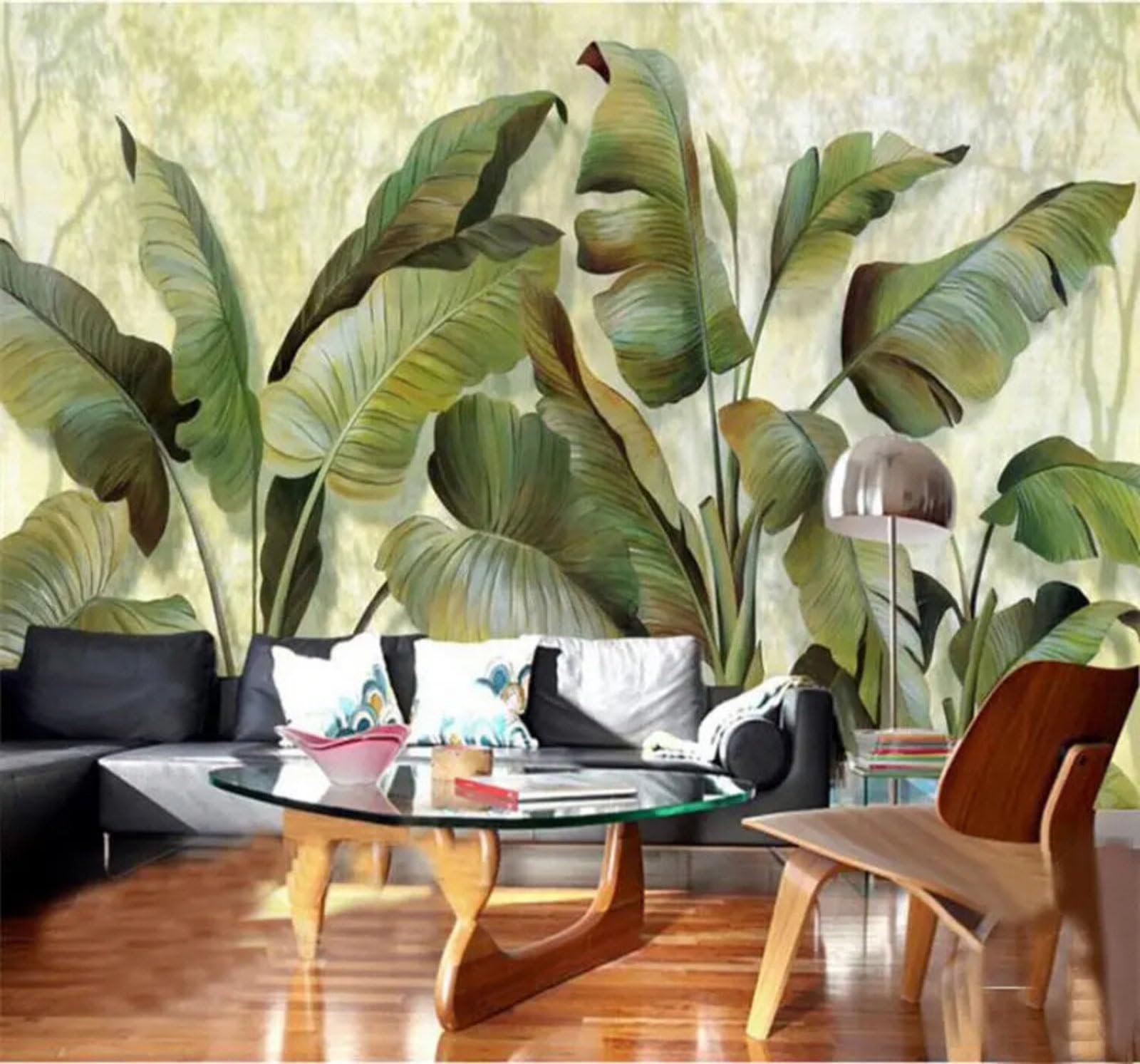 Wallpaper-3D-Xlm 350Cm×256Cm(B×H) Retro Dreamy Fresh Green Banana Leaves 3D Wallpaper Easy Install Feature Office Living Room Sofa Bedroom Tv Background Wall Decoration-350Cm×256Cm